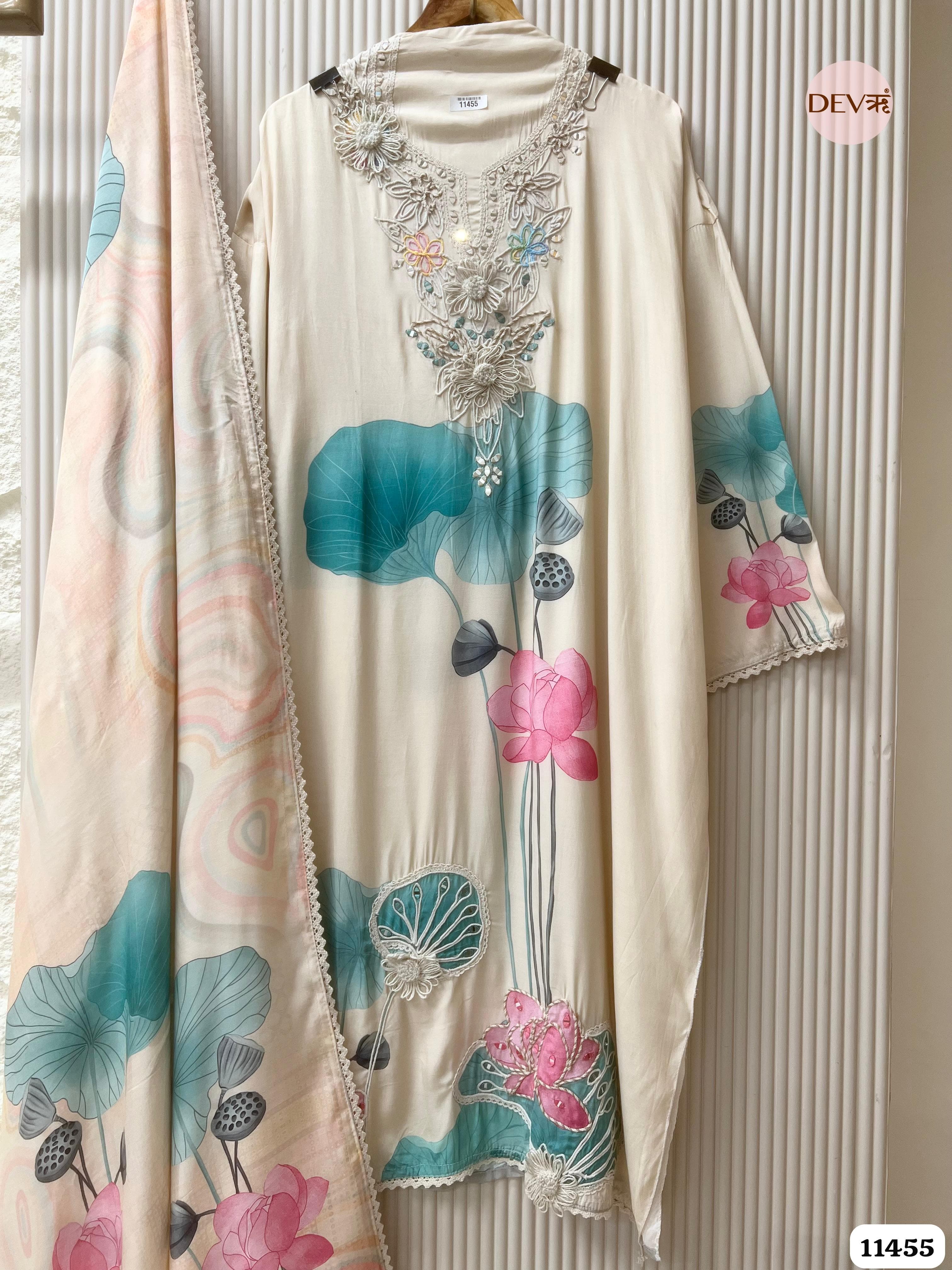 Off-White Or Cream Muslin Printed Semi - Stitched Hand Embroidered -Set Of 3 {11455}
