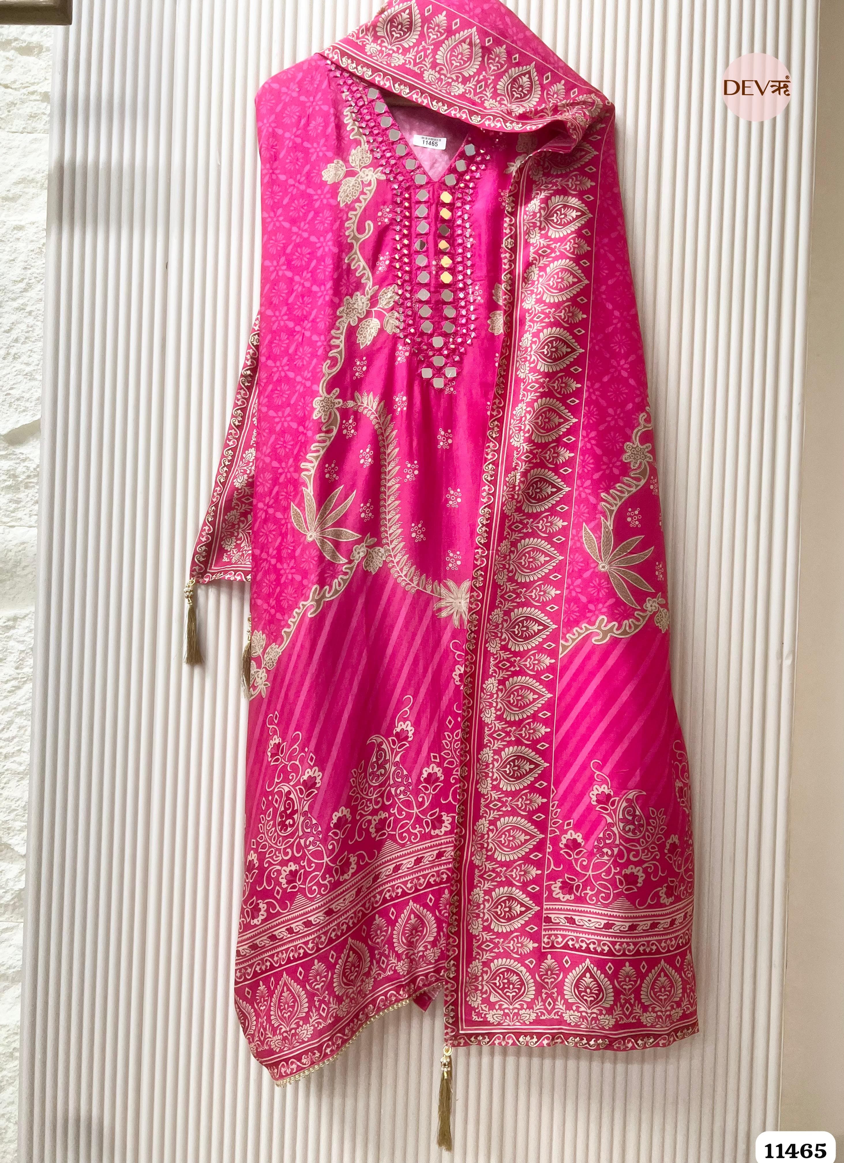 Pink Russian Silk Printed Hand Embroidered -Set Of 3 {11465}