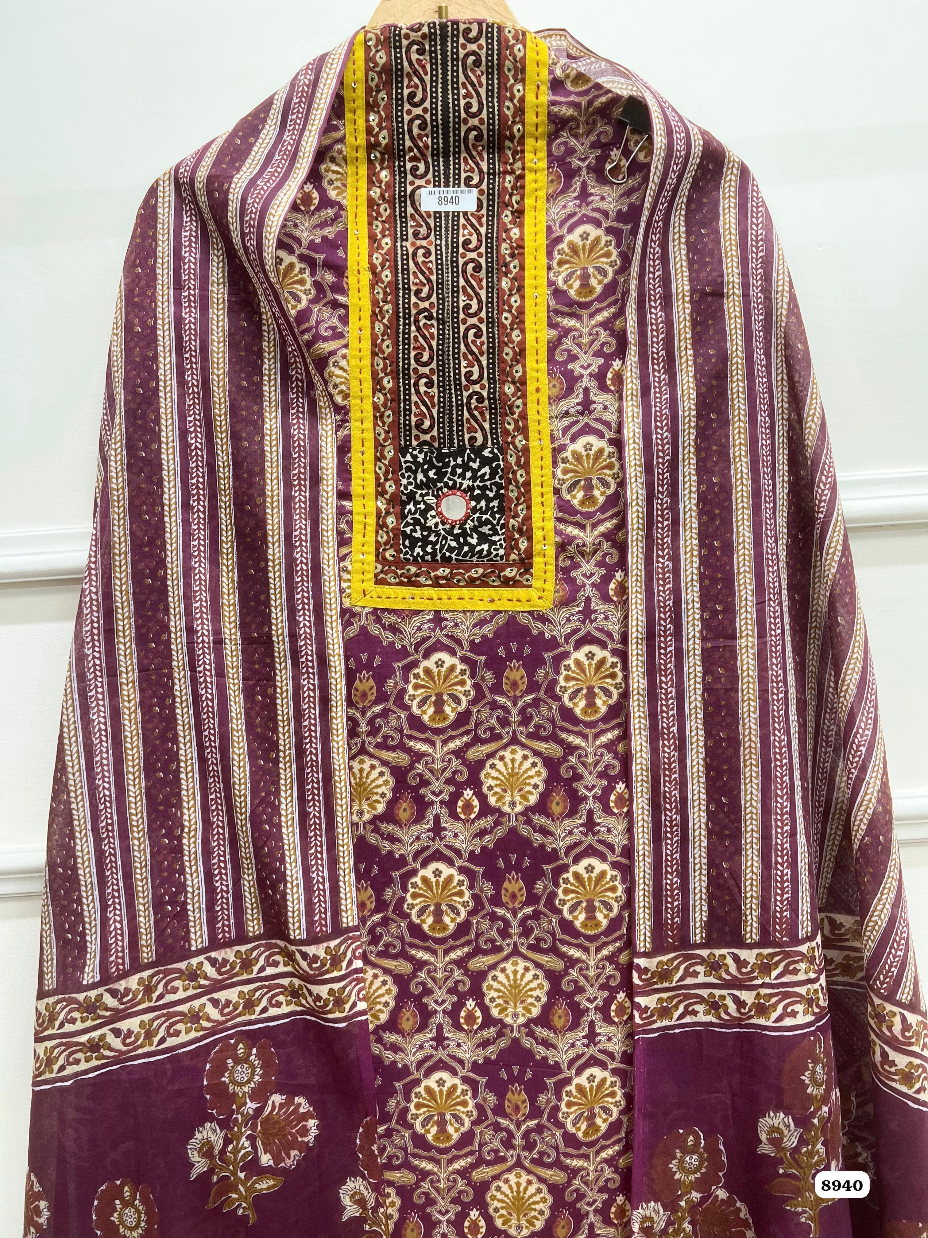 Maroon Cotton Printed Unstitched Hand Embroidered-Set Of 3 {8940}