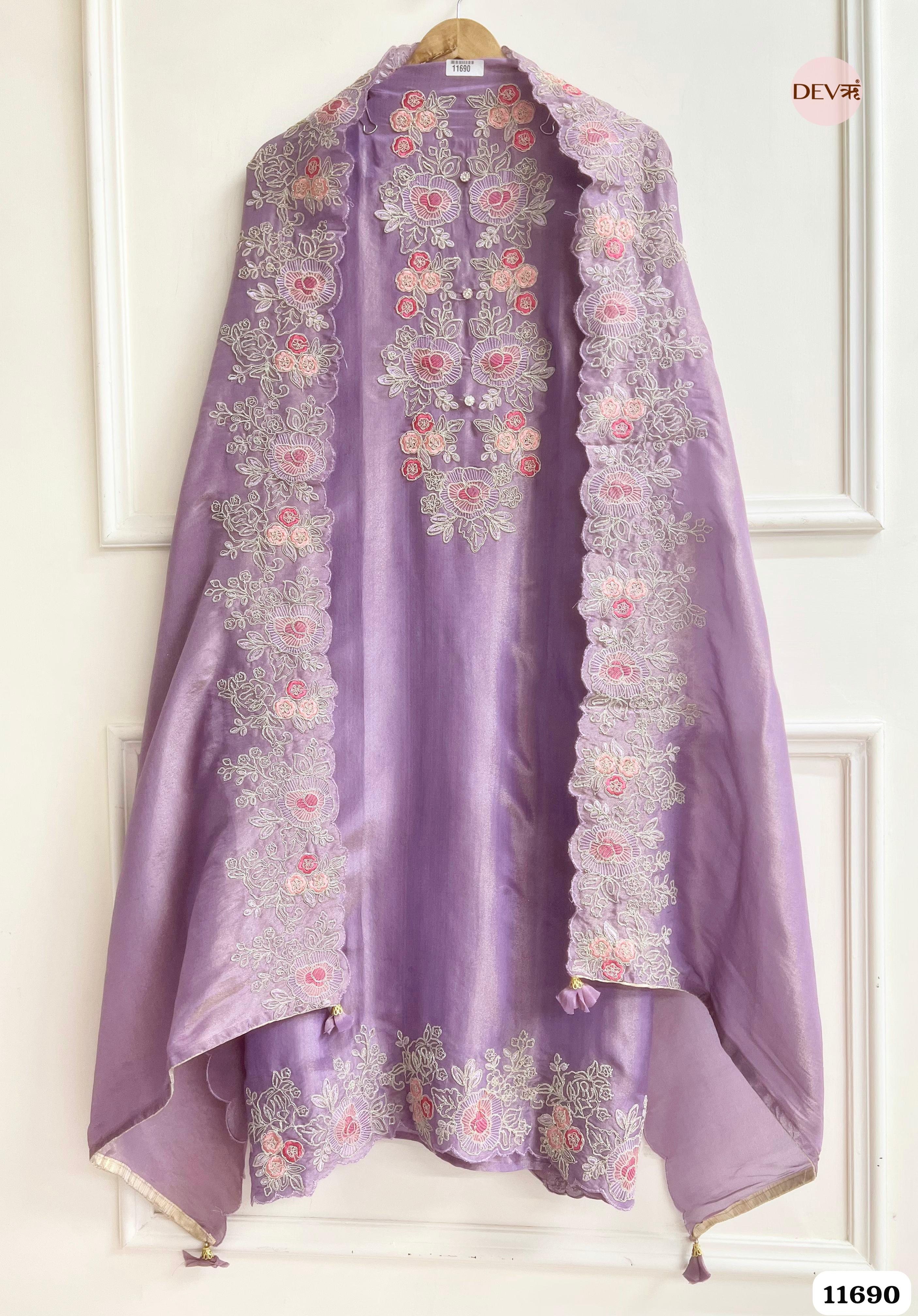 Purple Tissue Silk Unstitched Embroidered -Set Of 3 {11690}