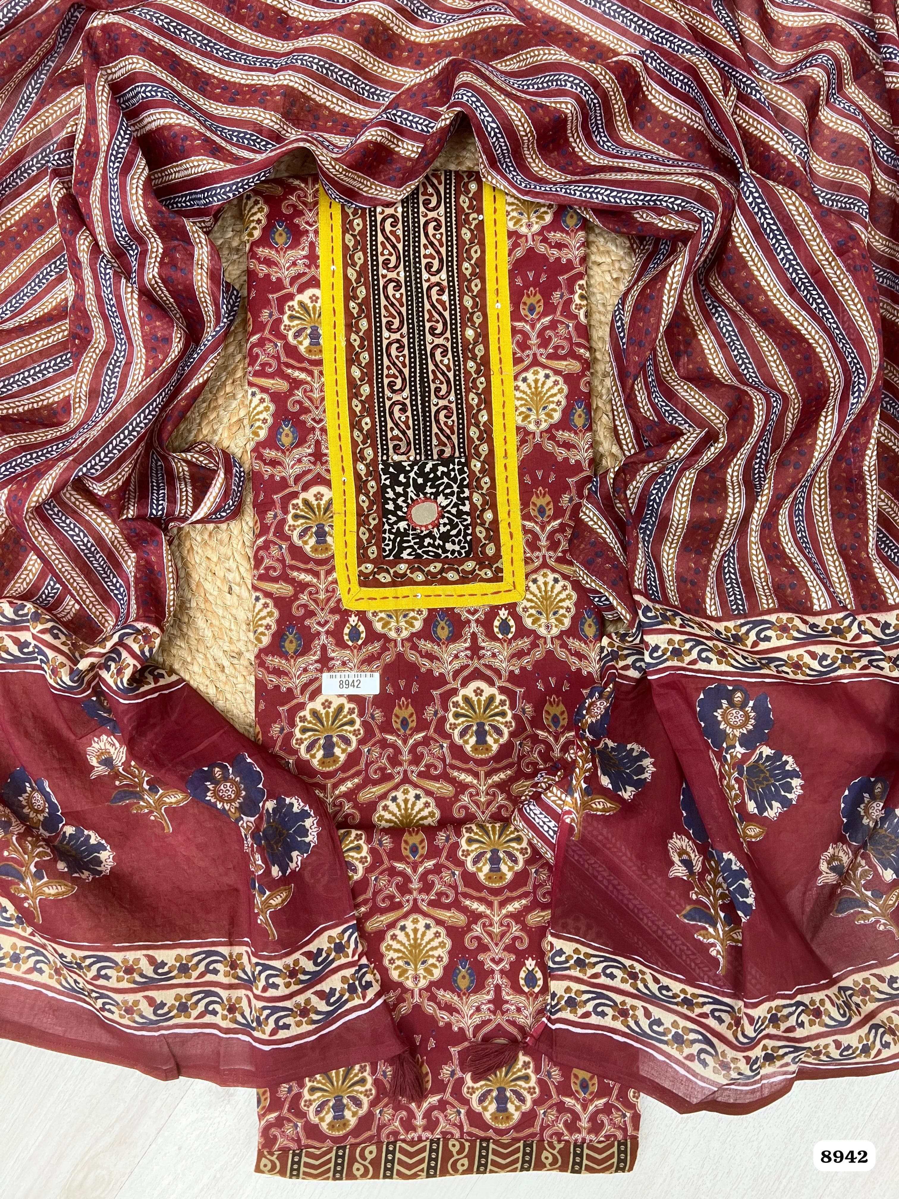 Maroon Cotton Printed Unstitched Hand Embroidered -Set Of 3 {8942}