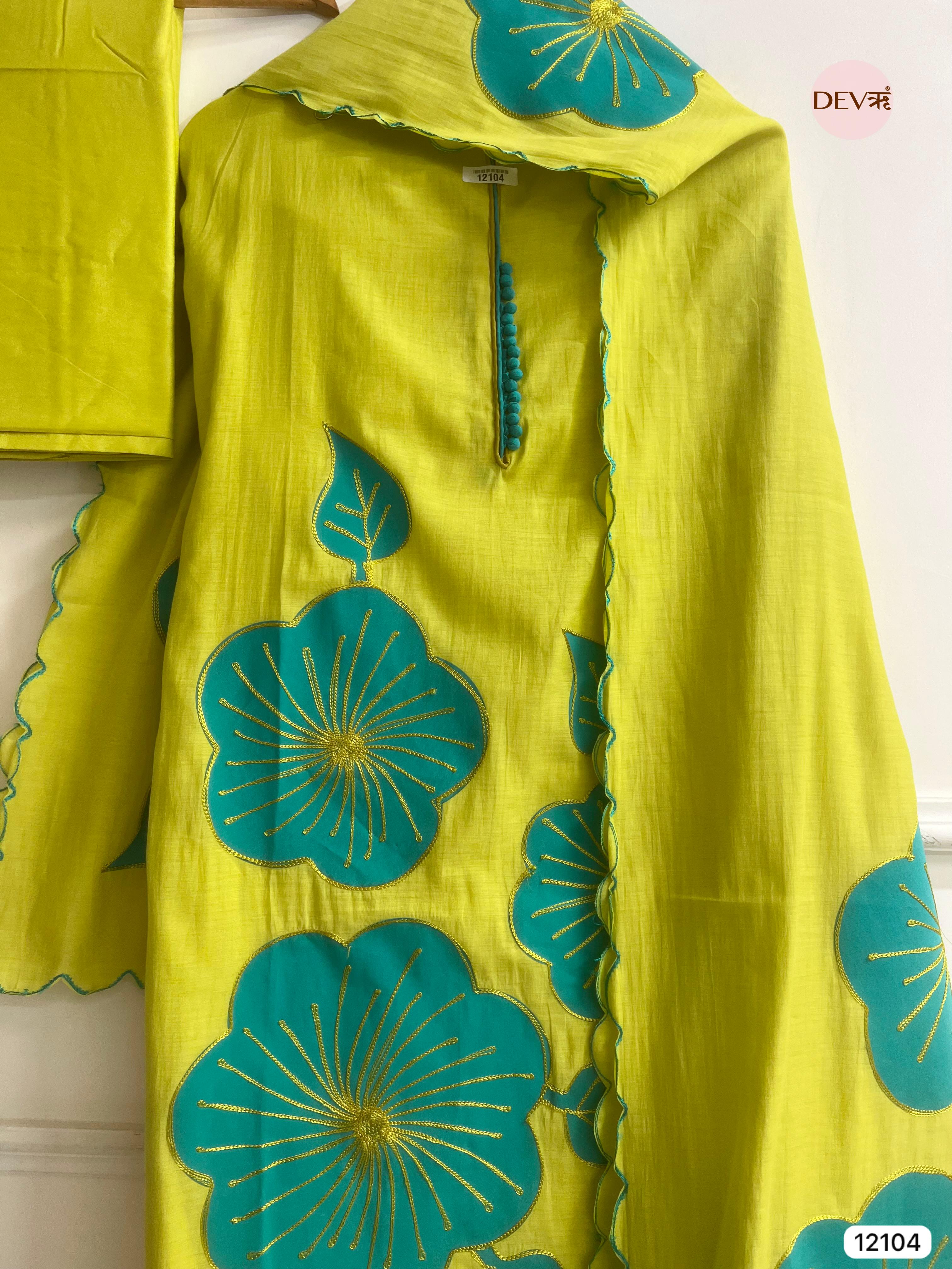 Green Modal Silk Unstitched Applique Embroidered -Set Of 3- {12104}