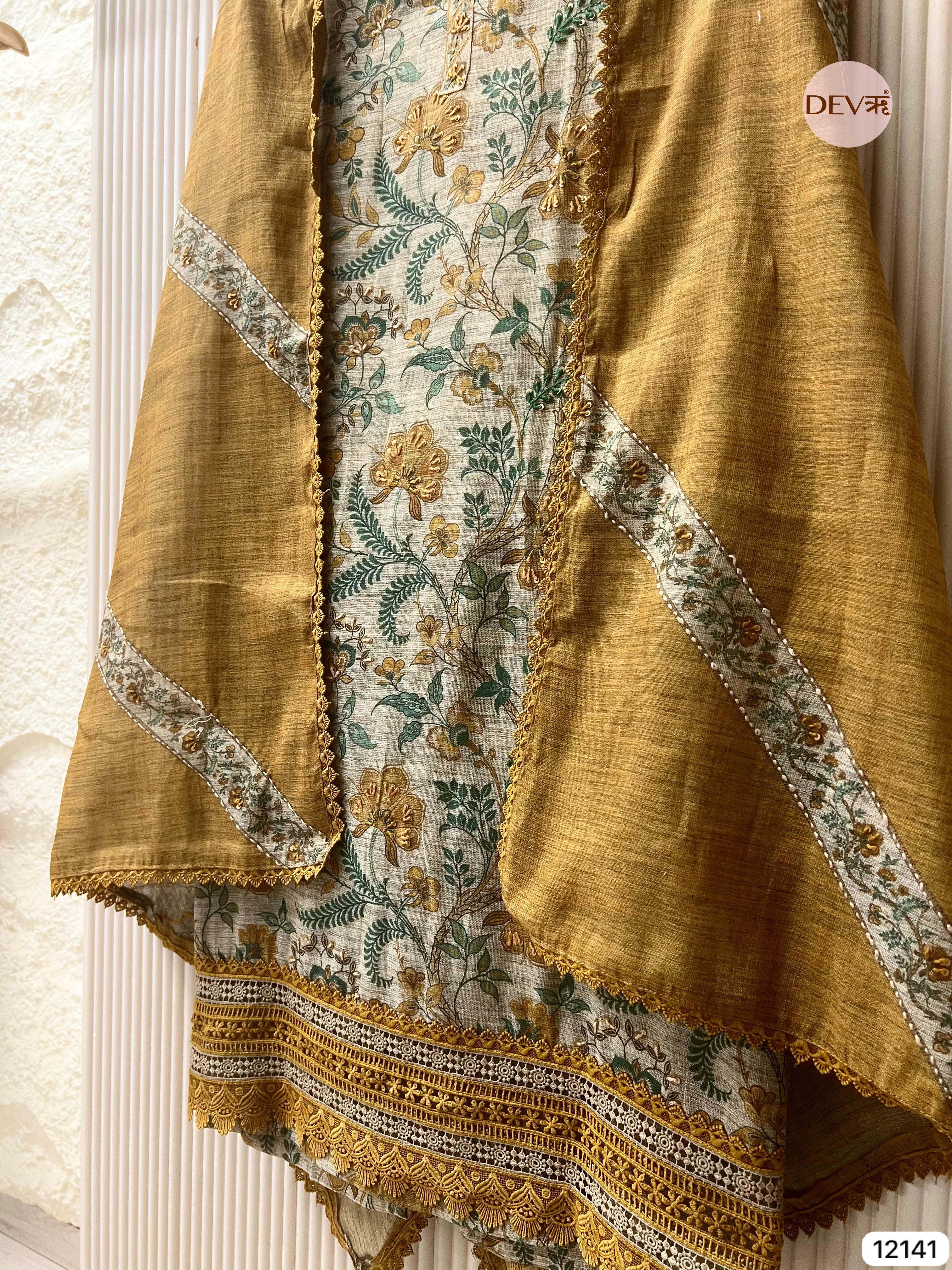 Mustard Yellow Pure Khadi Silk Unstitched Printed - Set Of 3 - {12141}