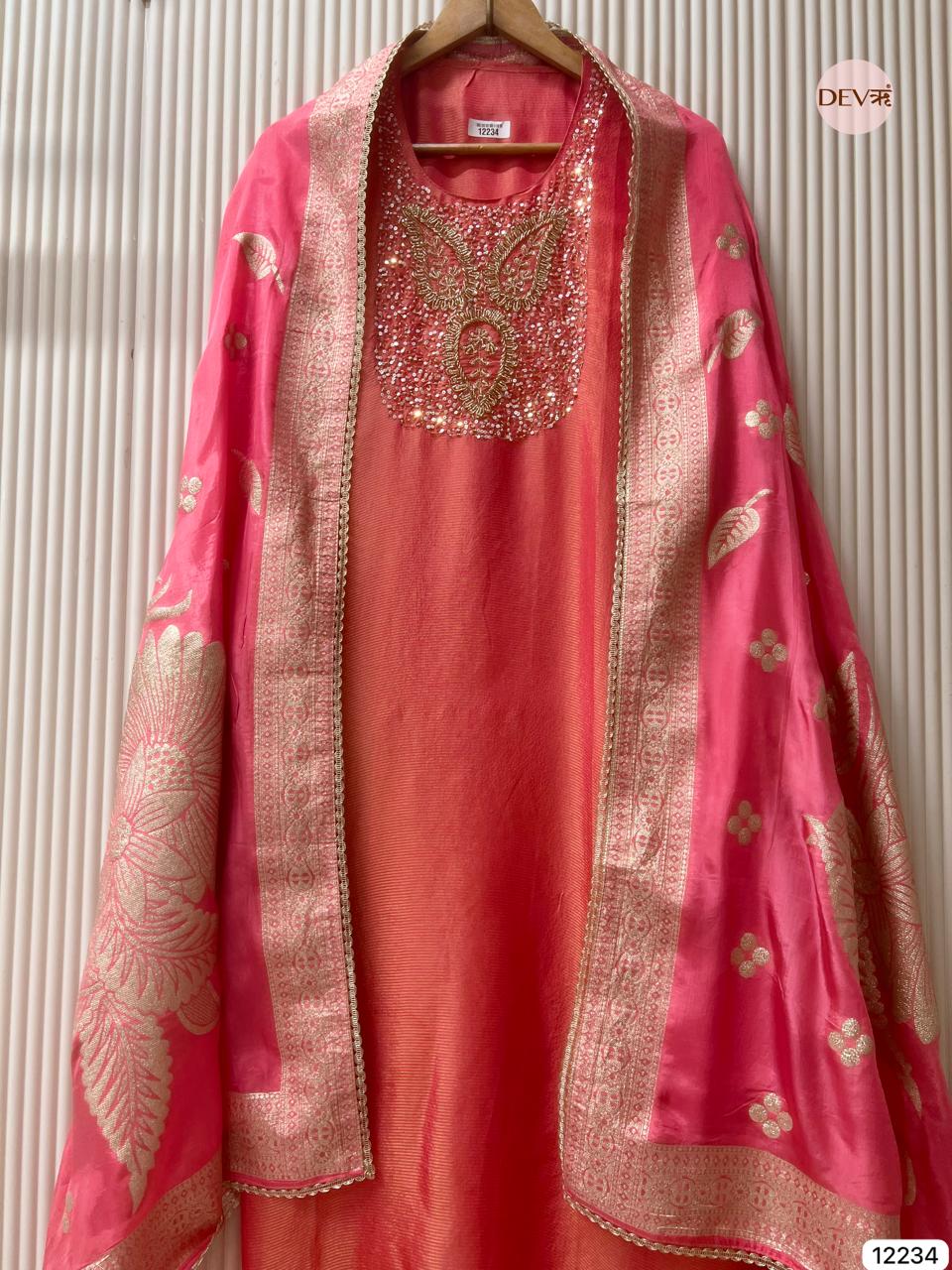 Coral Tissue Shimmer Silk Embroidered Unstitched 3-Piece Suit (Devri – D.No 12234)