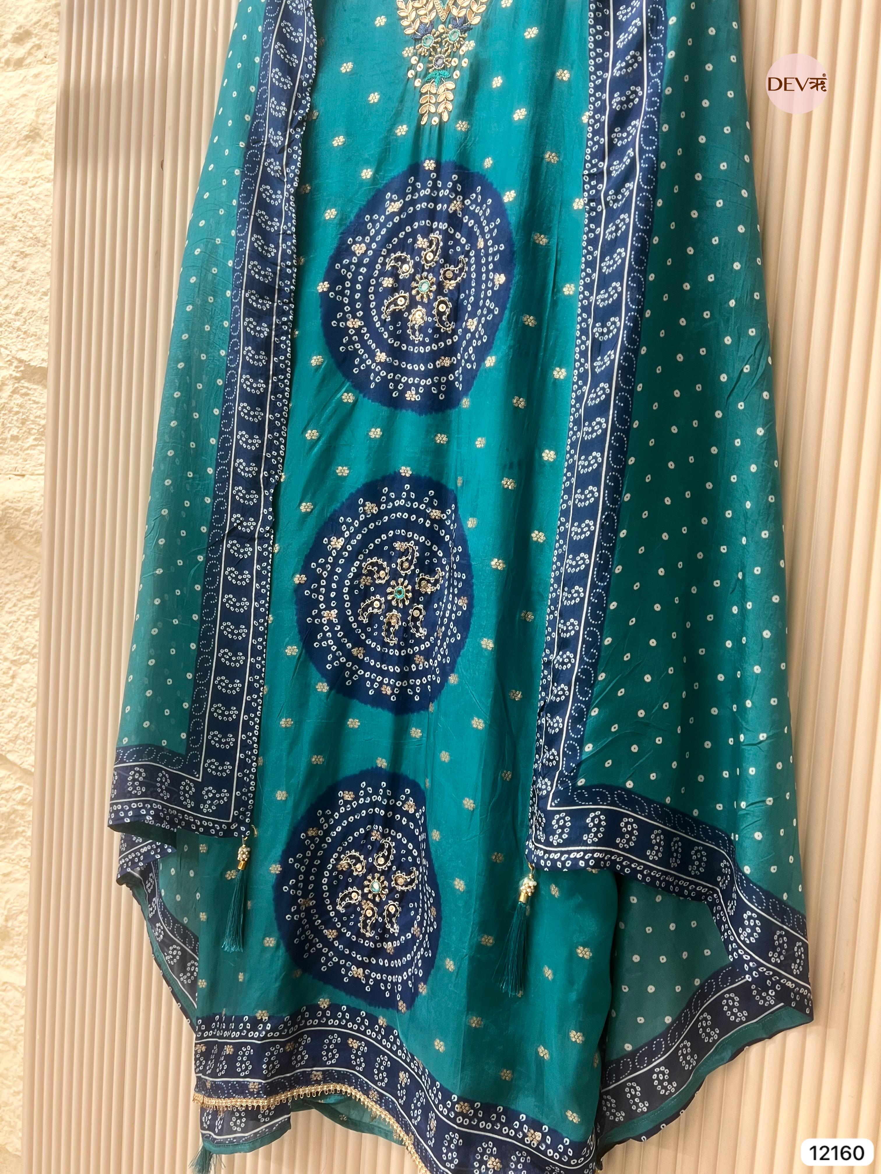 Blue Pure Shimmer Organza Silk Unstitched Banarasi Woven Bandhani Printed Hand Embroidered -Set Of 3 - {12160}