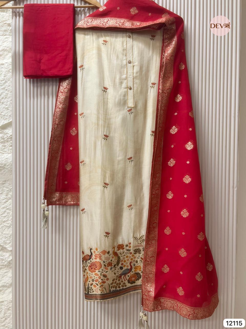 Ivory Russian Silk Embroidered Unstitched 3-Piece Suit (Devri – D.No 12115).