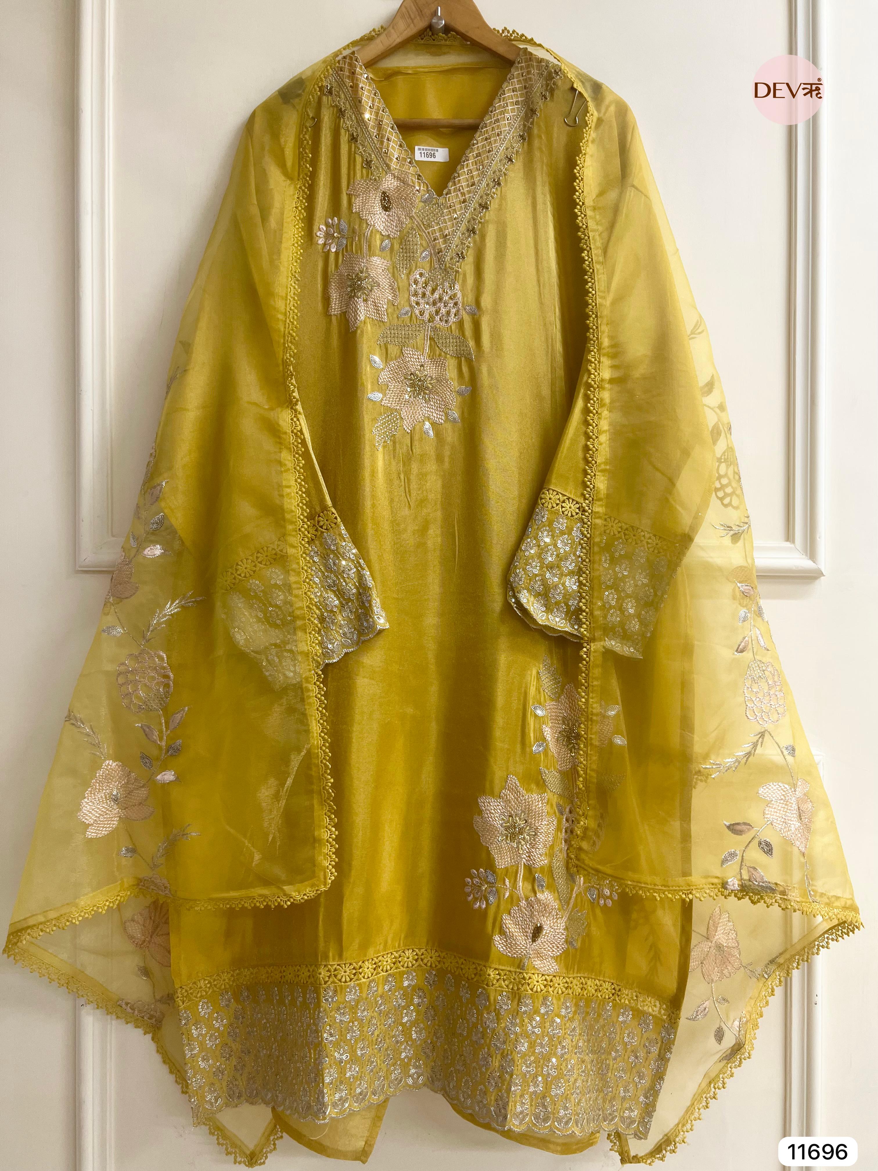 Yellow Tissue Shimmer Silk Semi Stitched Hand Embroidered -Set Of 3- {11696}