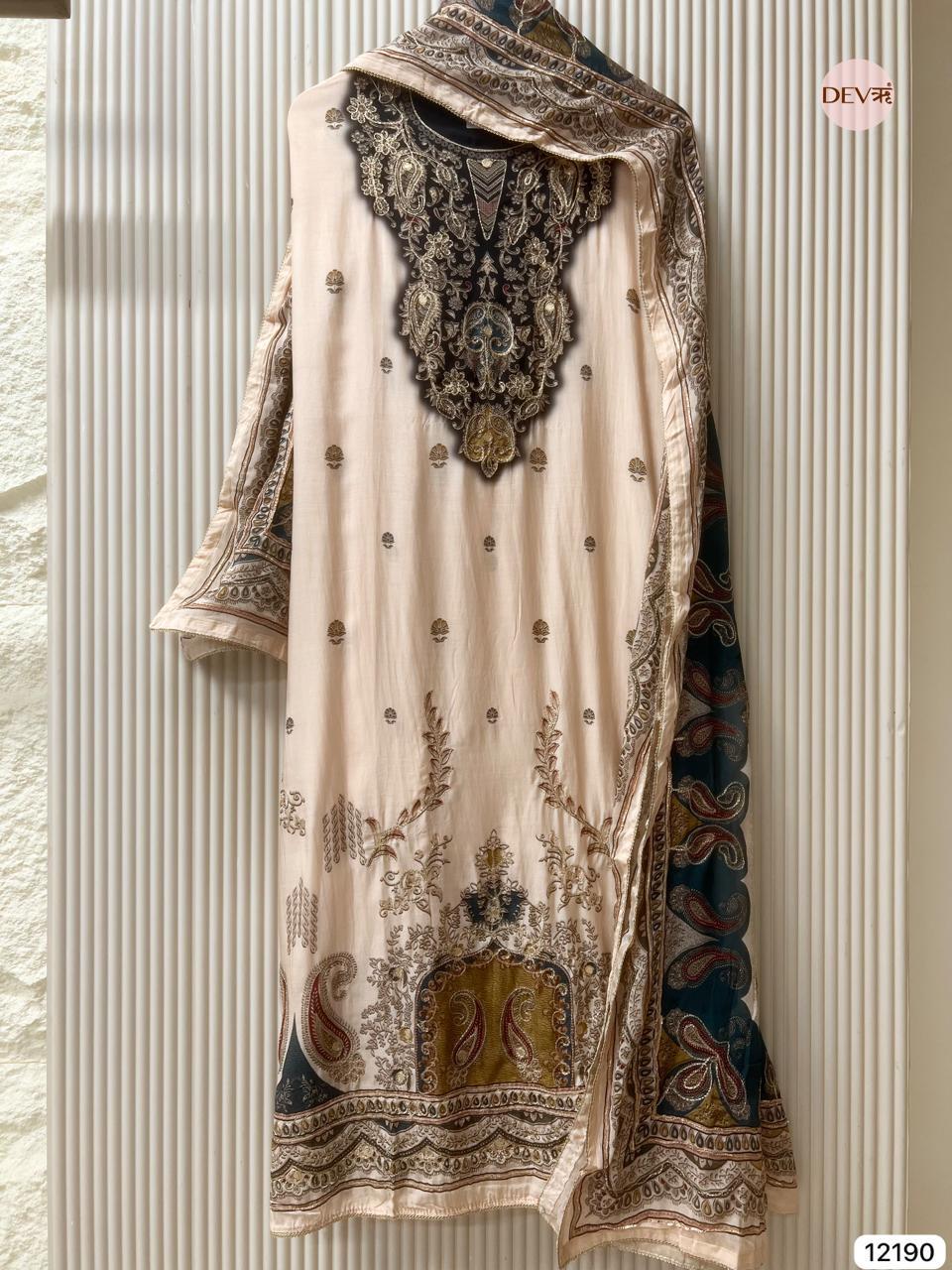 Soft Cream Muslin Printed Unstitched 3-Piece Suit (Devri – D.No 12190)