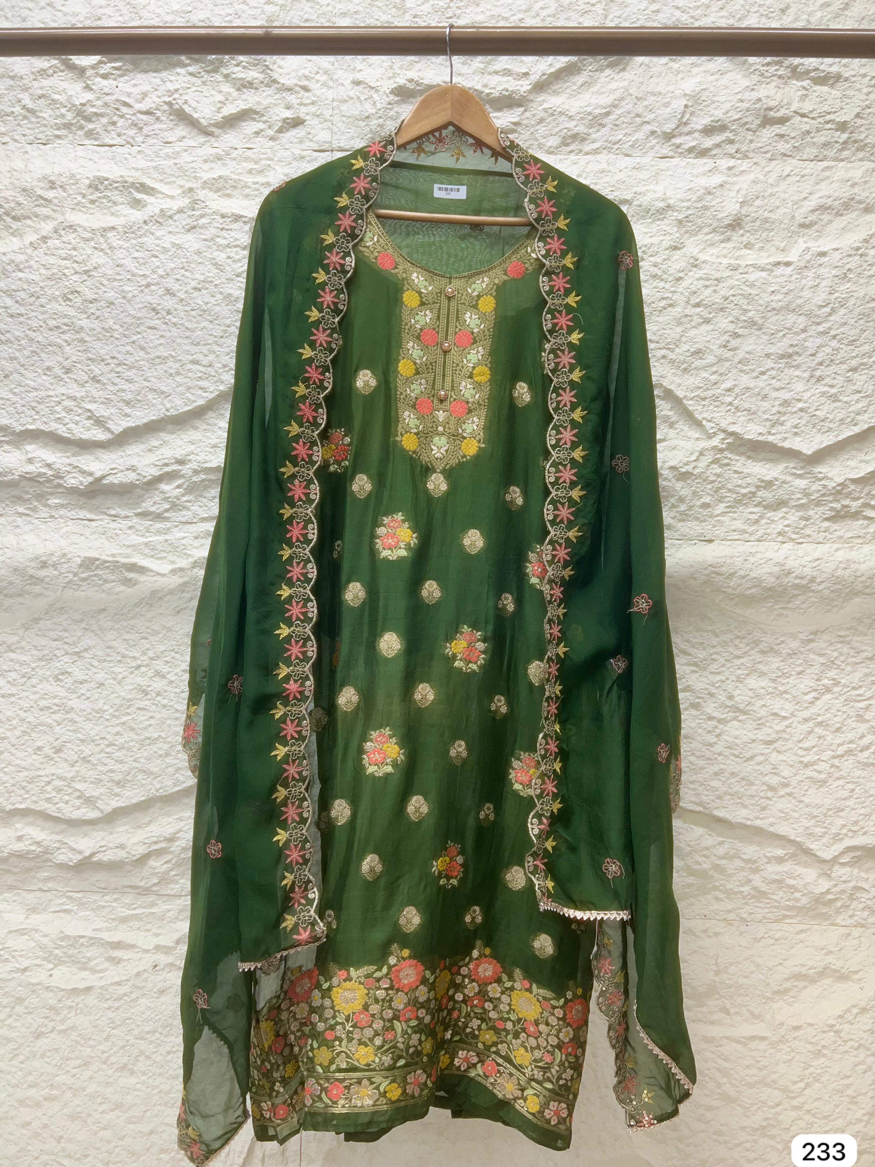 Tara Organza Embroidered Emerald Green 3-Piece Set (Devri – D.No 233)