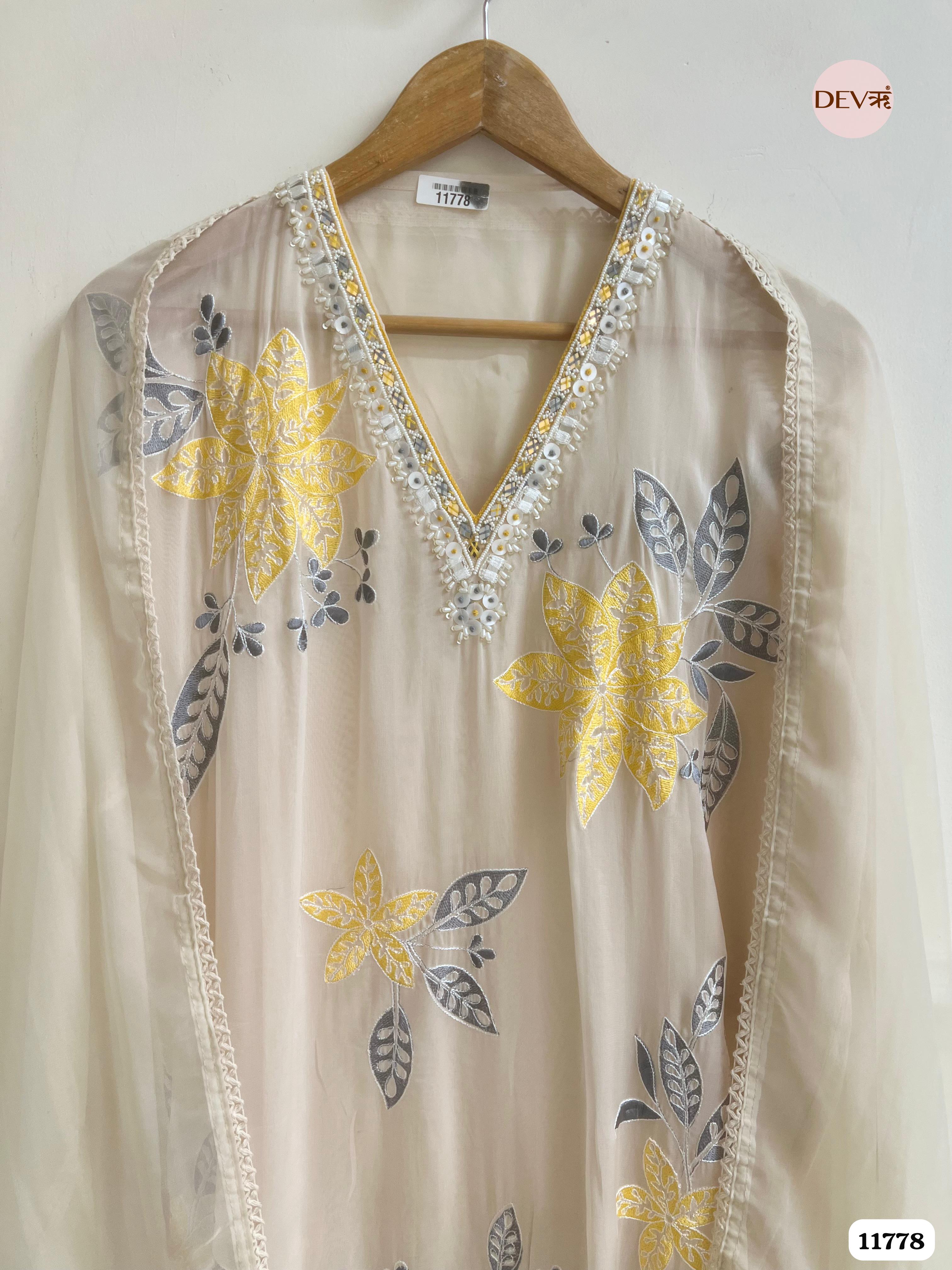 Cream Organza Unstitched Embroidered -Set Of 3- {11778}