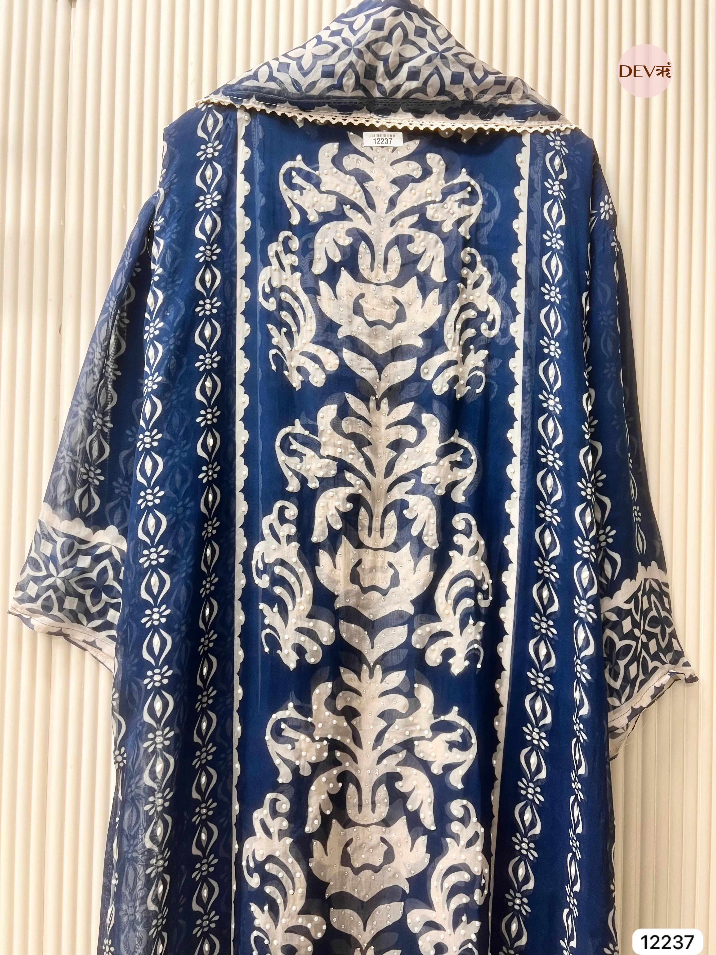Navy Organza Printed Unstitched 3-Piece Suit (Devri – D.No 12237)