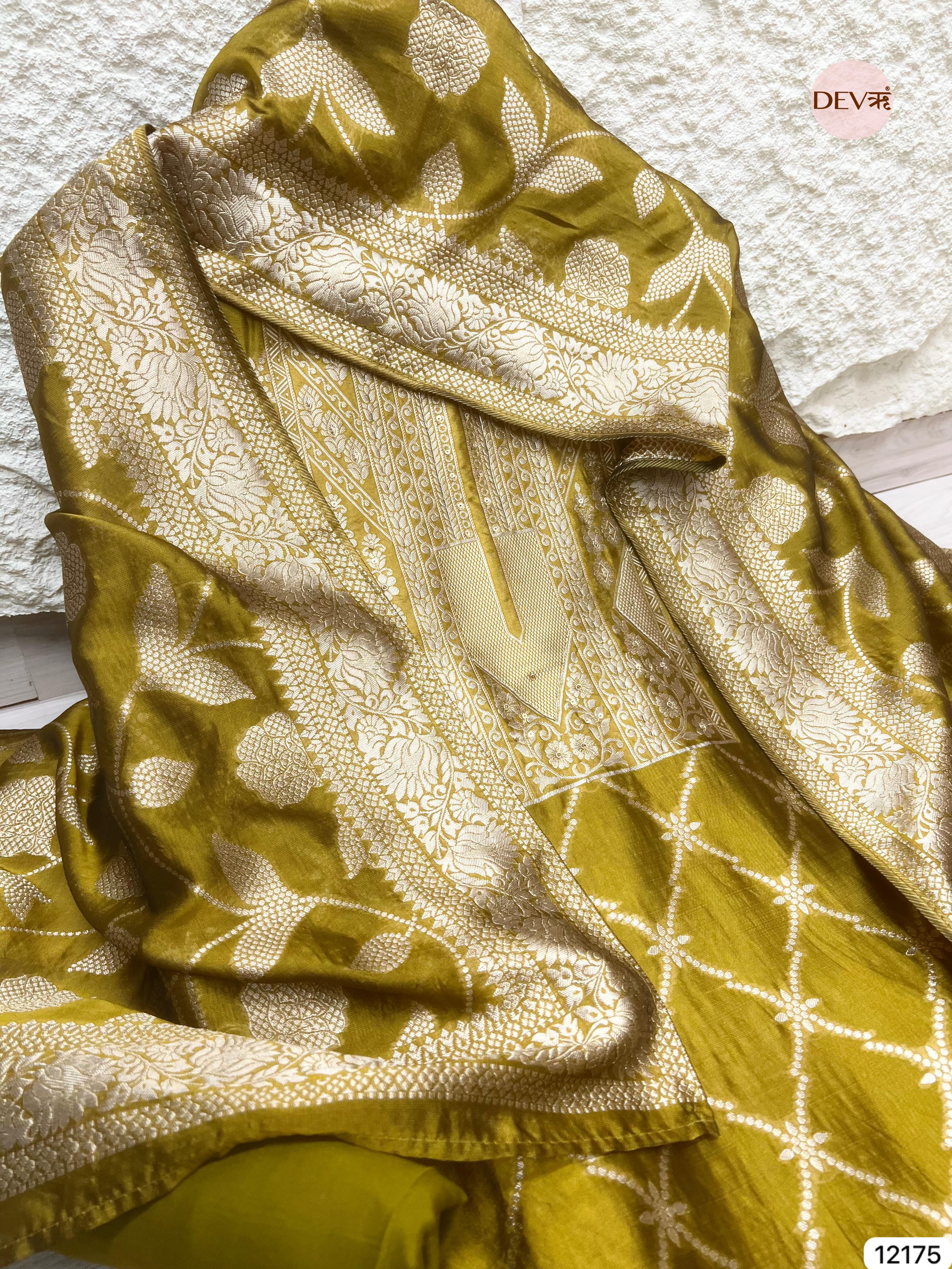 Yellow Pure Banarasi Silk Unstitched Hand Embroidered-Set of 3 - {12175}