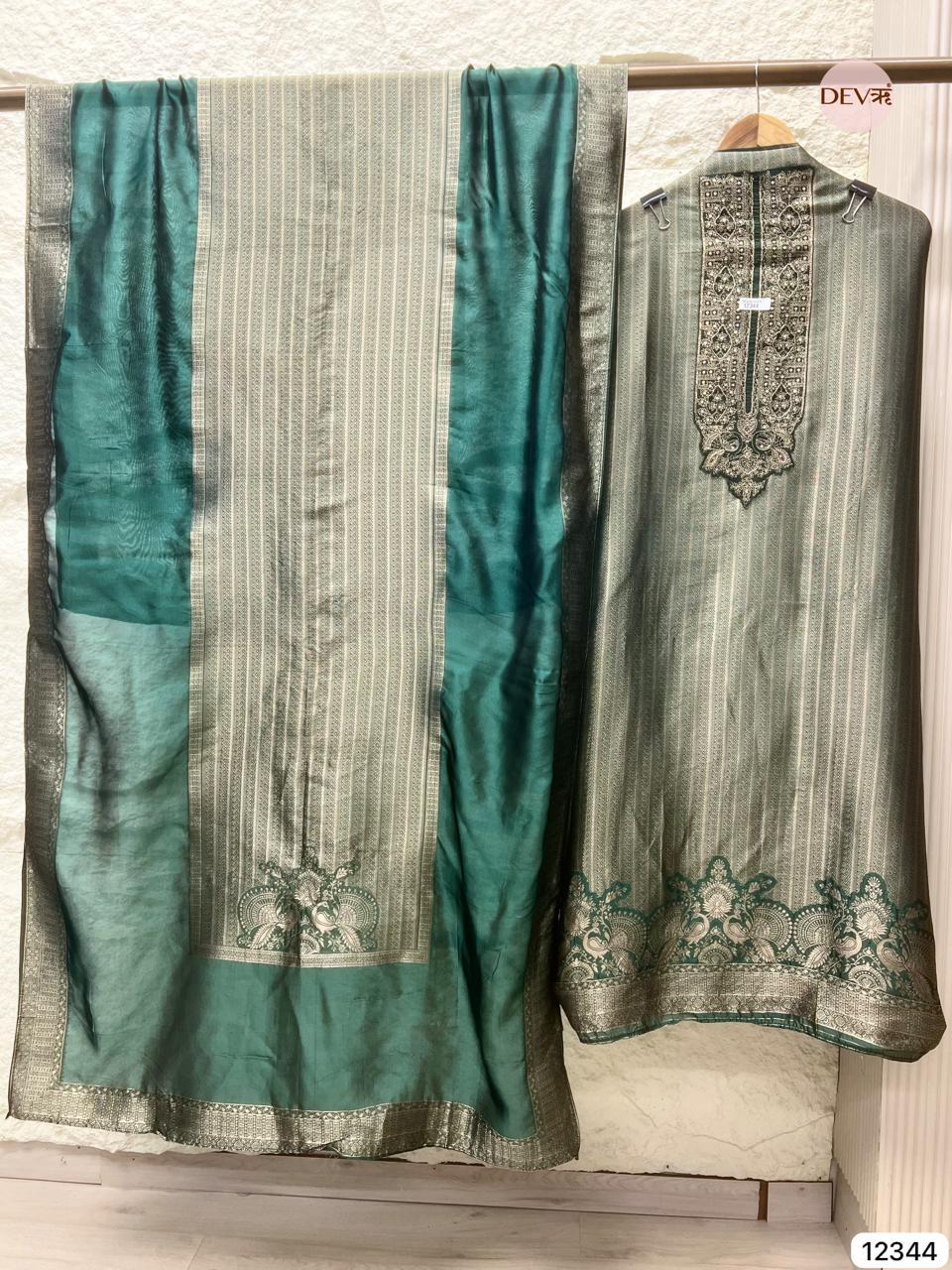 Teal Green Pure Banarasi Silk Woven Unstitched 3-Piece Suit (Devri – D.No 12344)