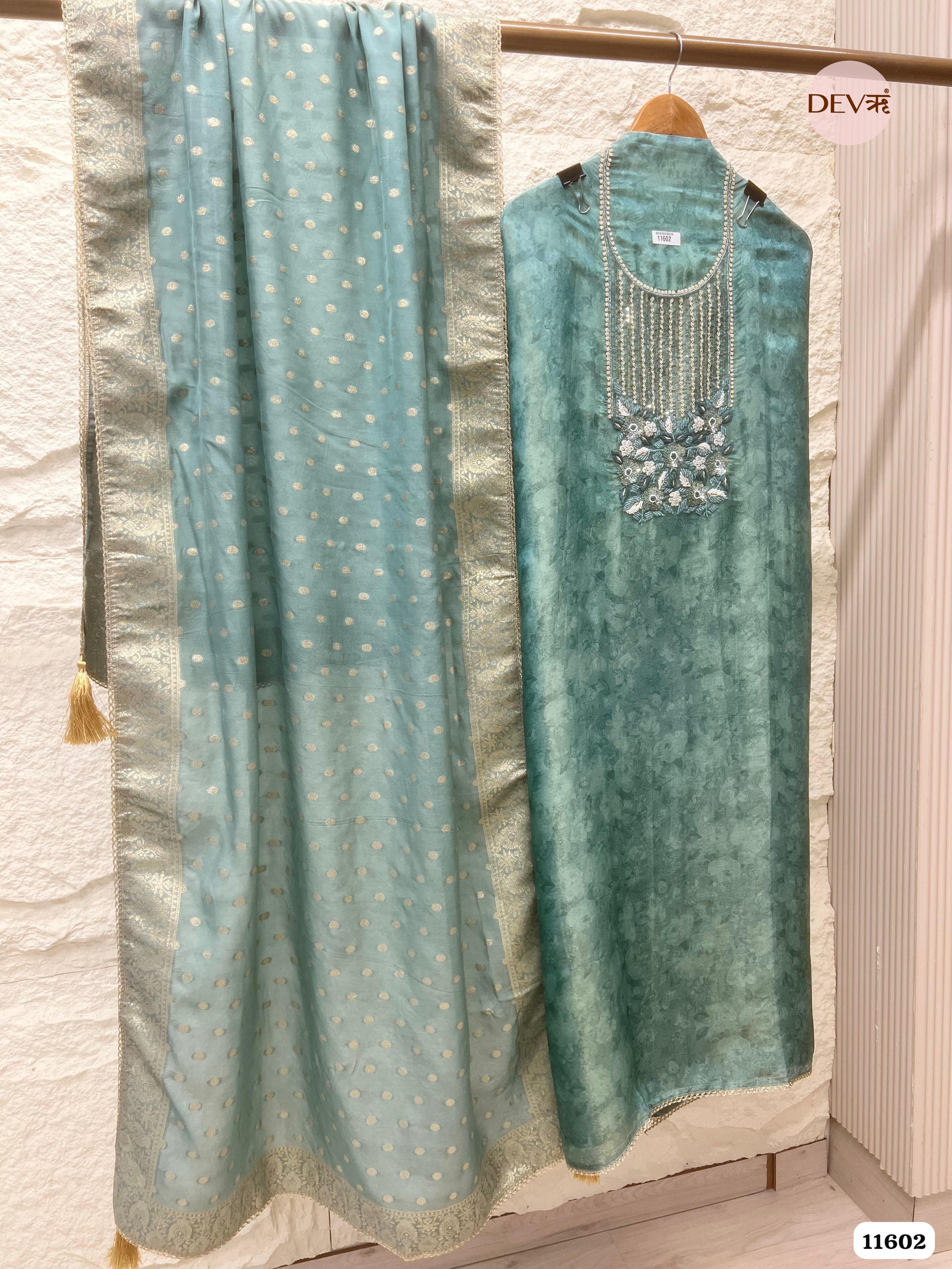 Sea Green Pure Tissue Silk Unstitched Hand Embroidered -Set Of 3 {11602}