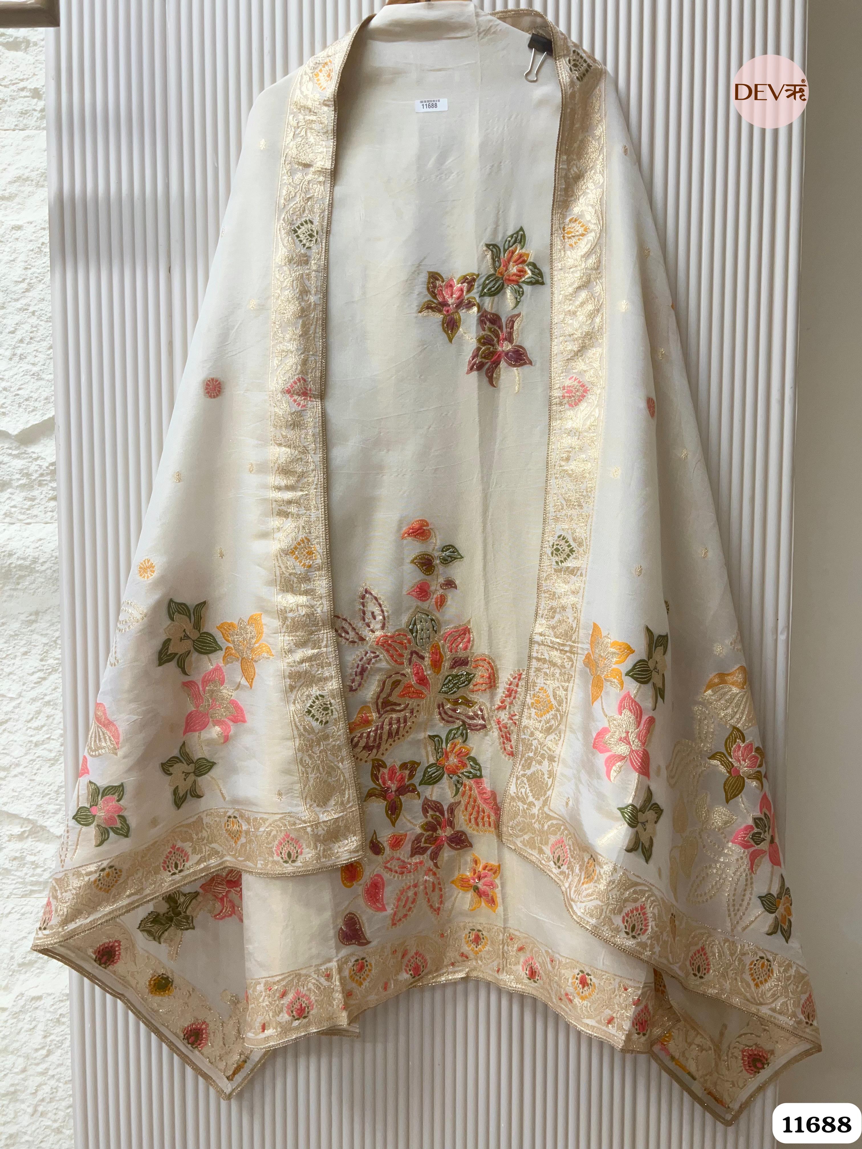 Off white Burberry Silk Unstitched Woven Hand Embroidered -Set Of 3 {11688}