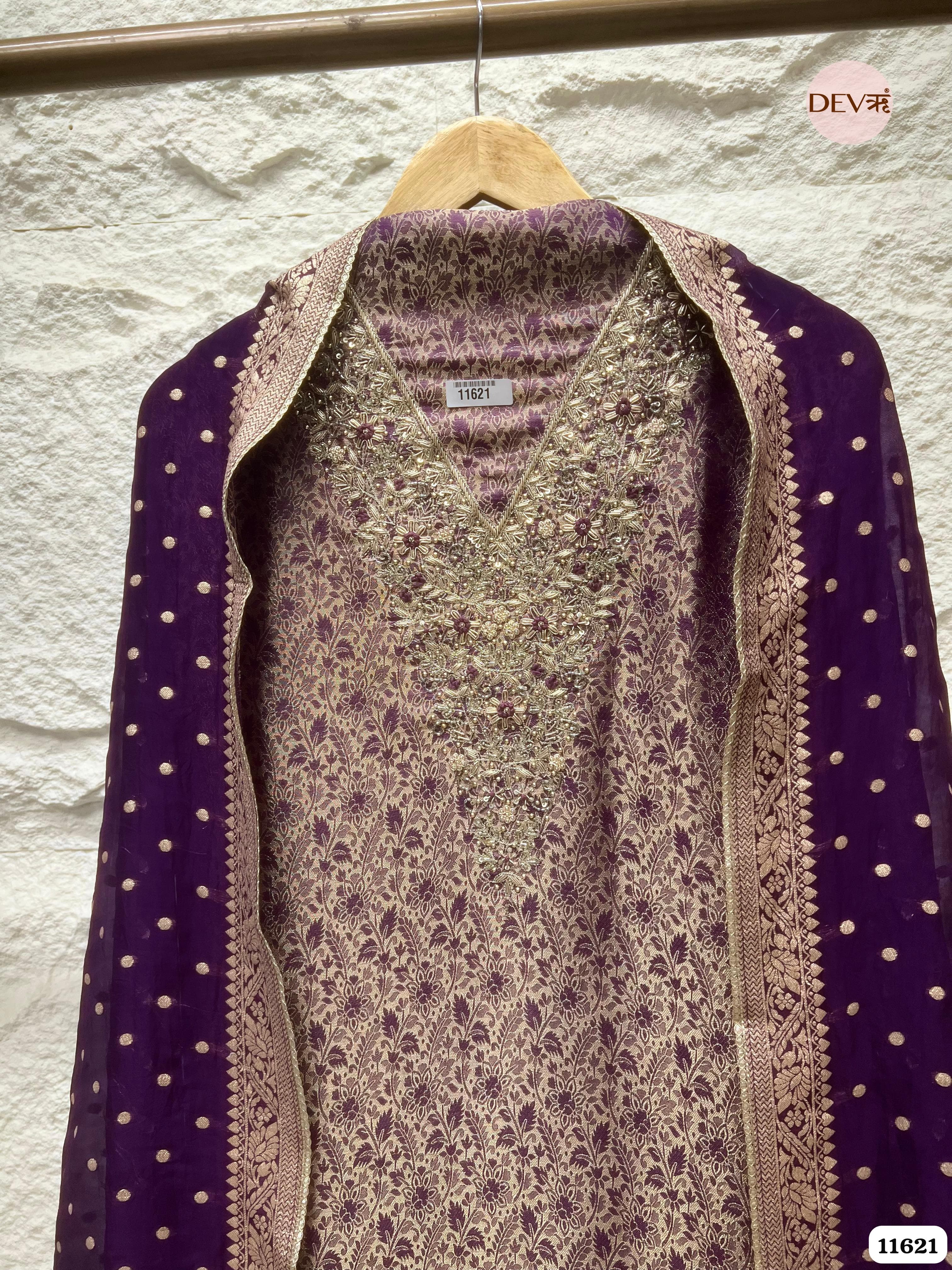Purple Pure Tissue Banarasi Silk Unstitched Hand Embroidered -Set Of 3 {11621}