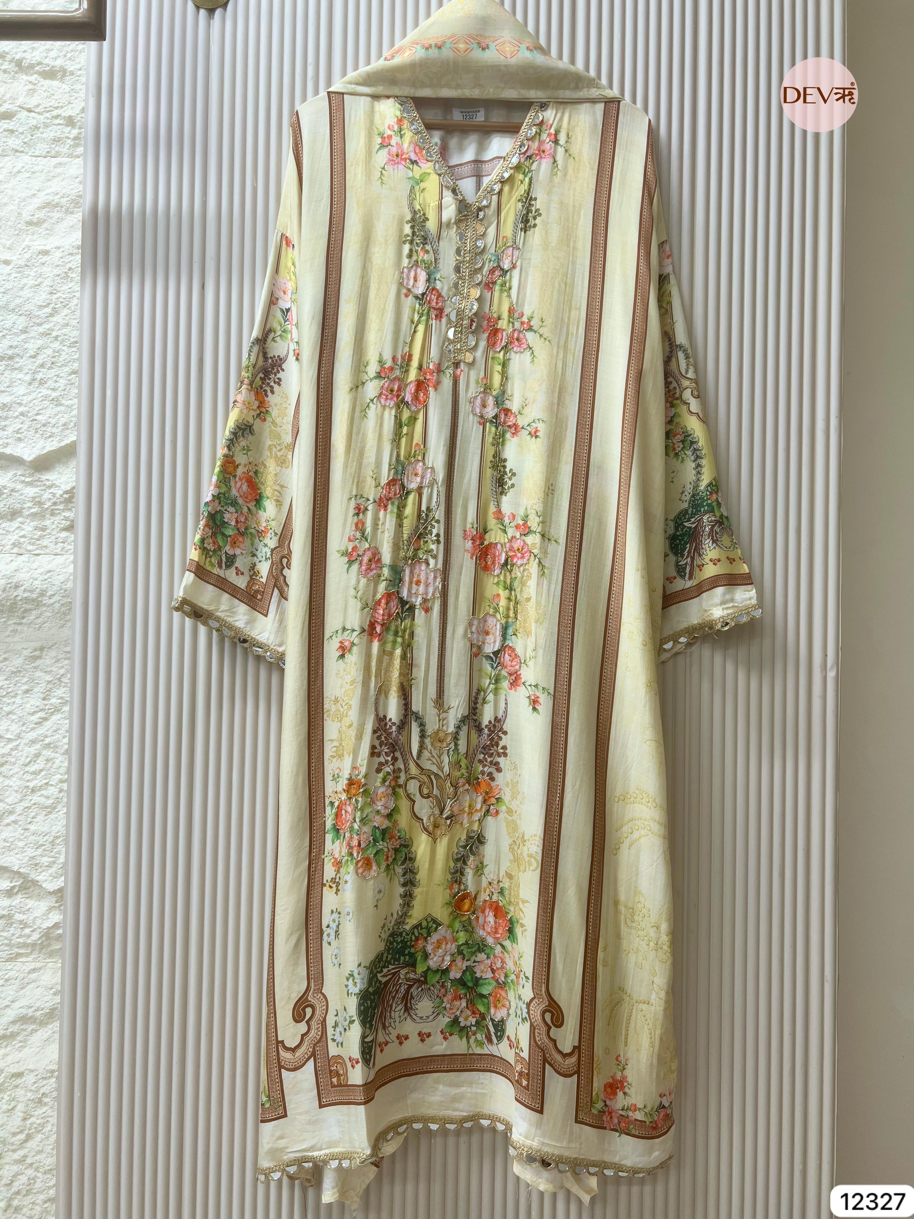 Soft Cream Muslin Printed Unstitched 3-Piece Suit (Devri – D.No 12327)
