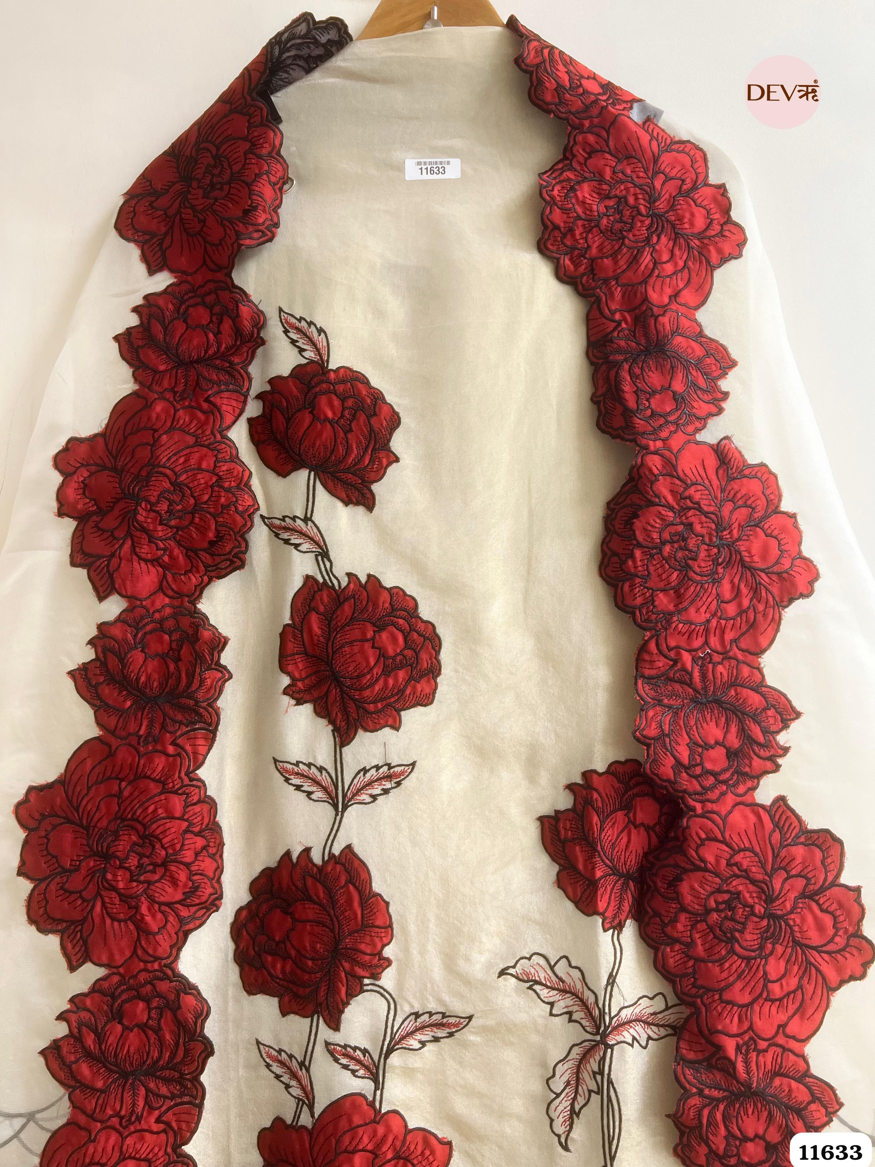 Off White Tissue Silk Unstitched Embroidered -Set Of 3 {11633}