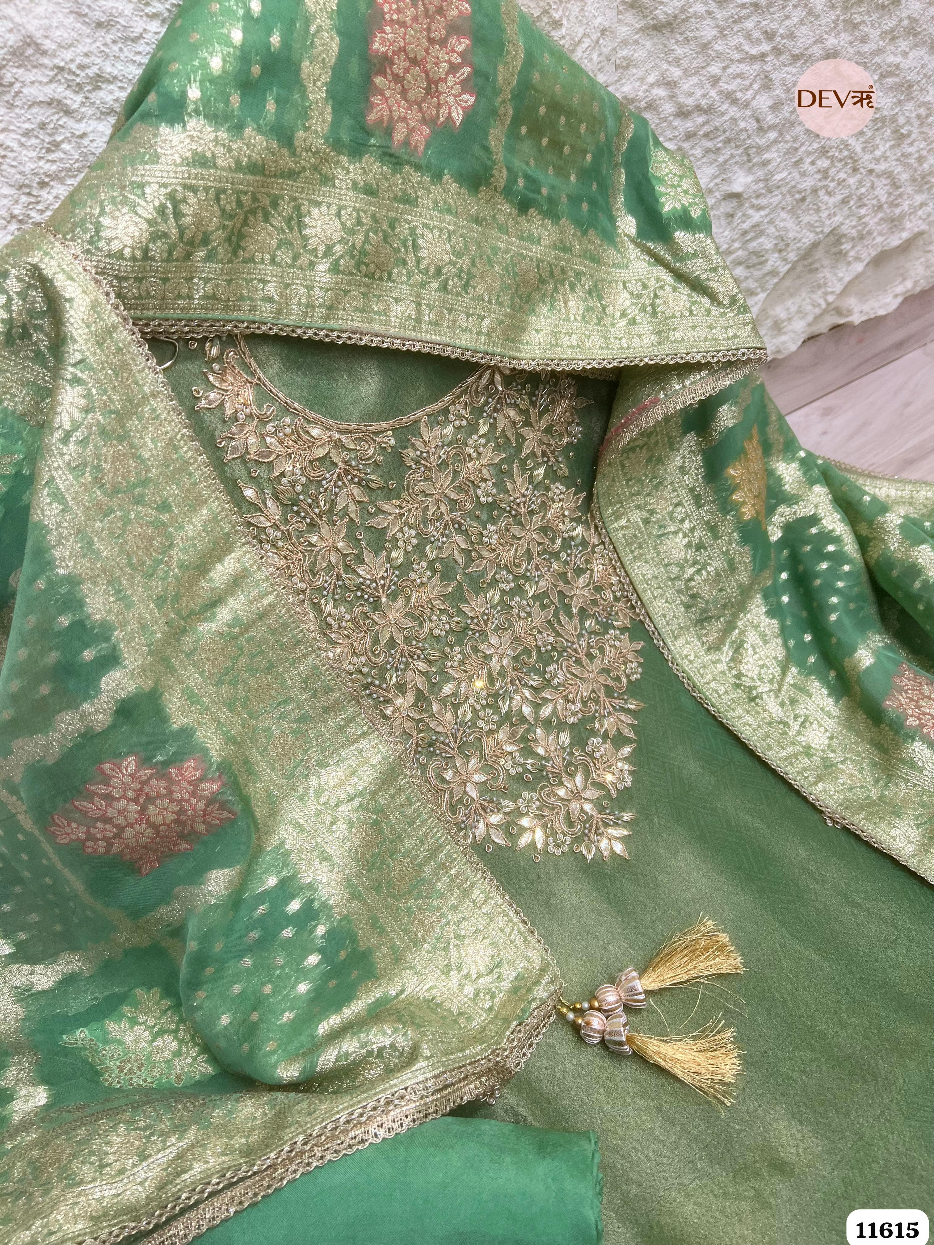 Green Pure Tissue Silk Unstitched Hand Embroidered -Set Of 3 {11615}