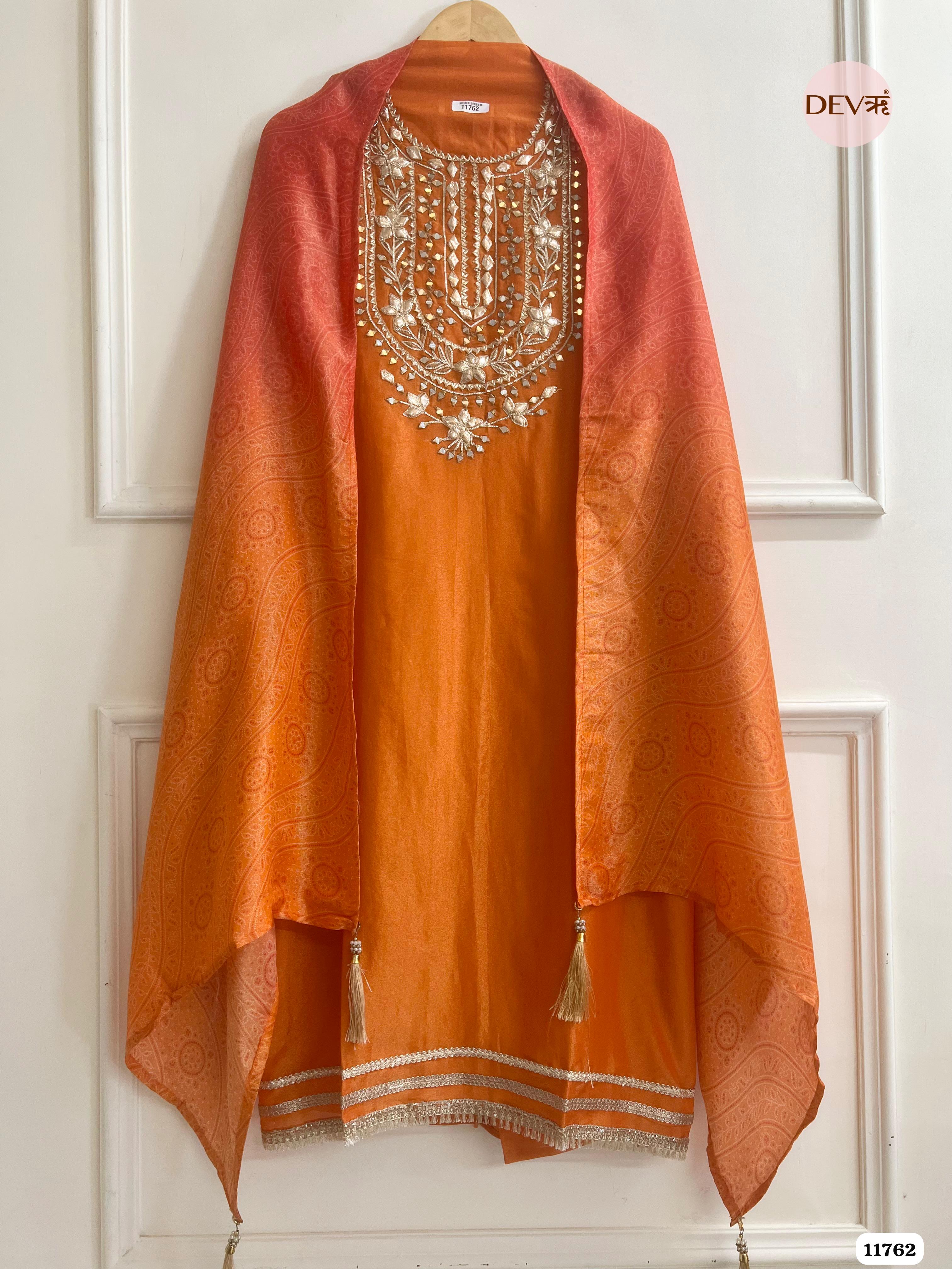 Orange Tissue Silk Unstitched hand Embroidered -Set Of 3 {11762}