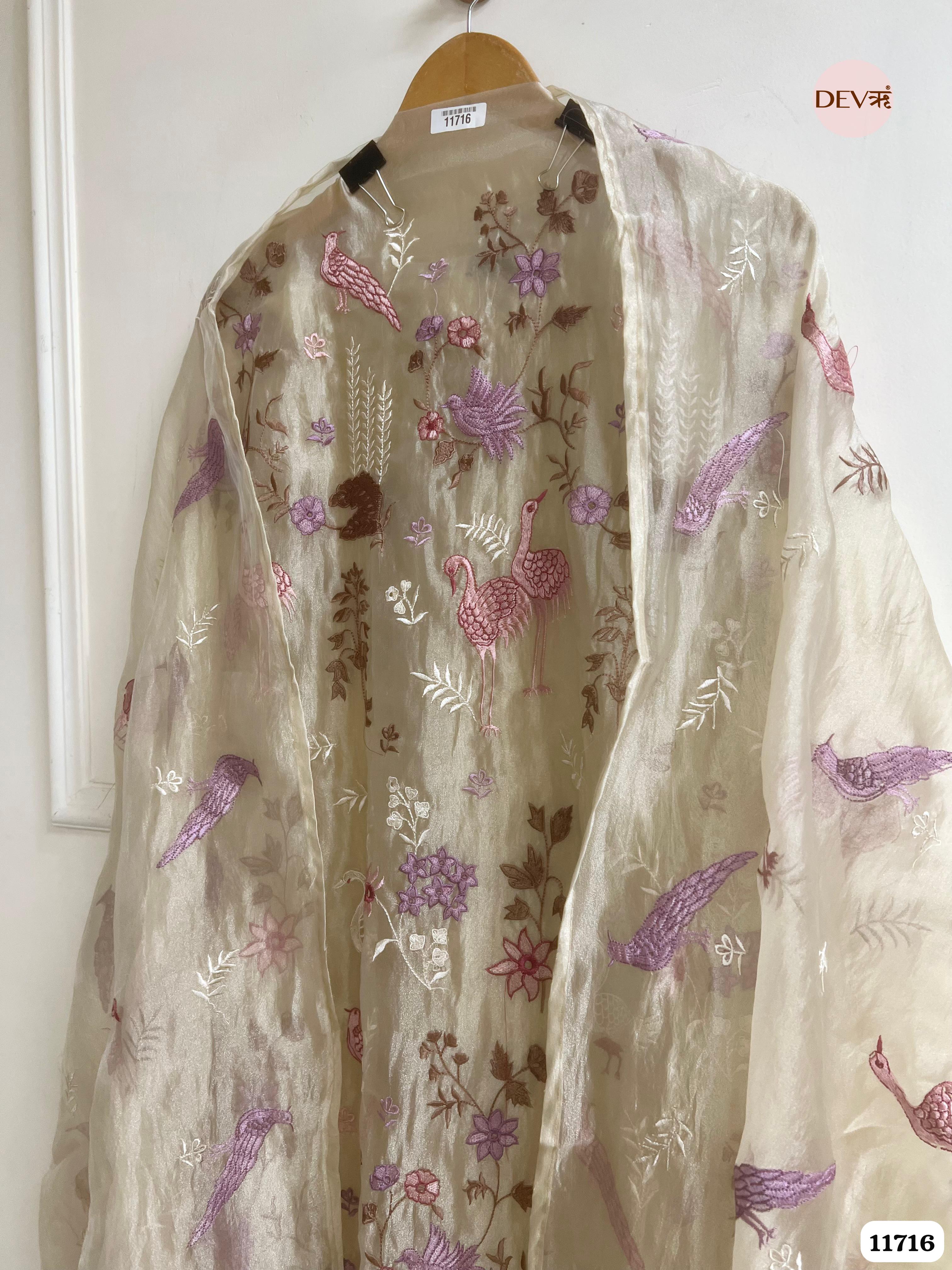 Creamy White Tissue Organza Silk Unstitched Embroidered -Set Of 3 - {11716}