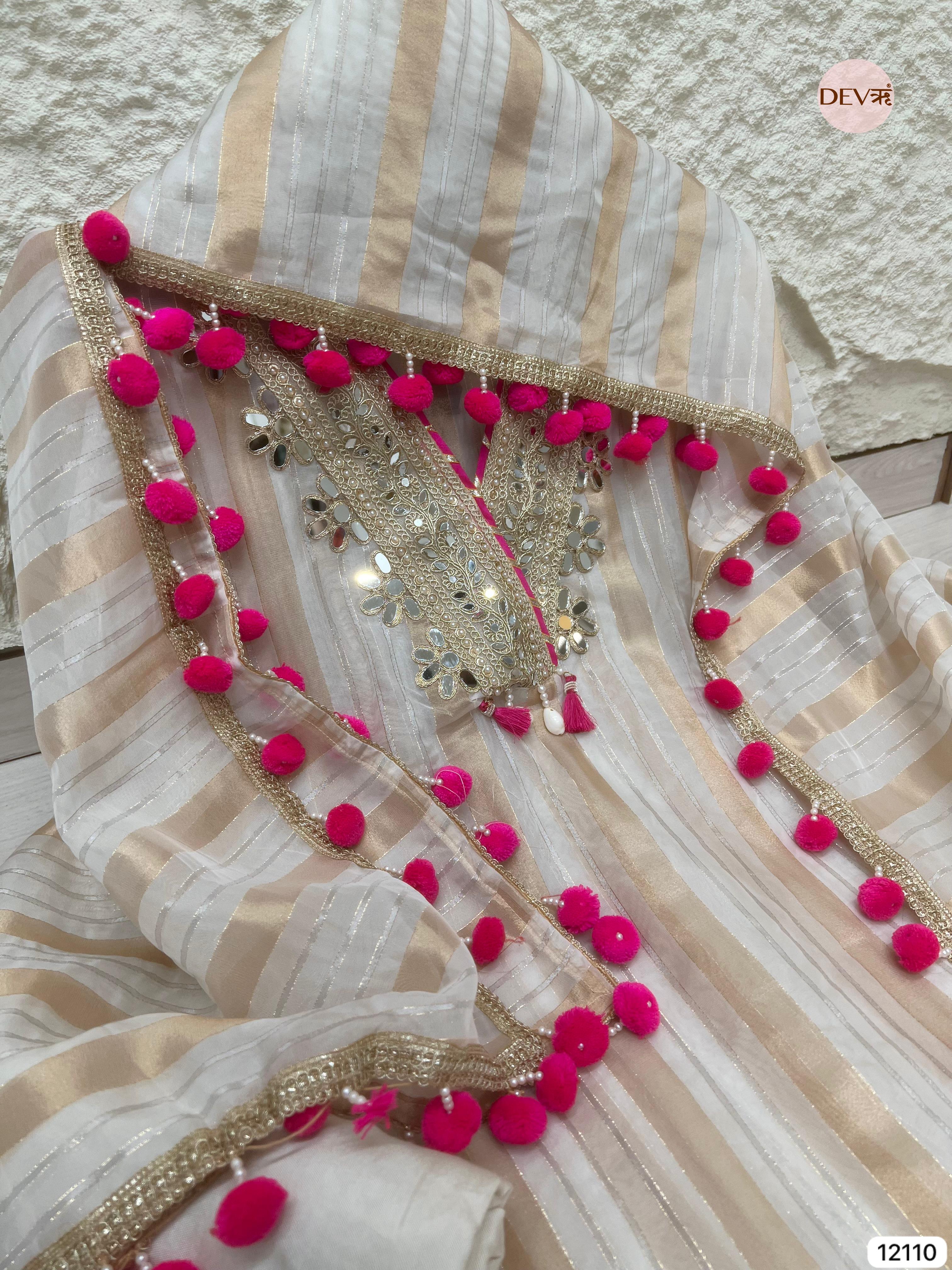 Cream Colour Tissue Shimmer Silk Unstitched Hand Embroidered -Set Of 3 - {12110}