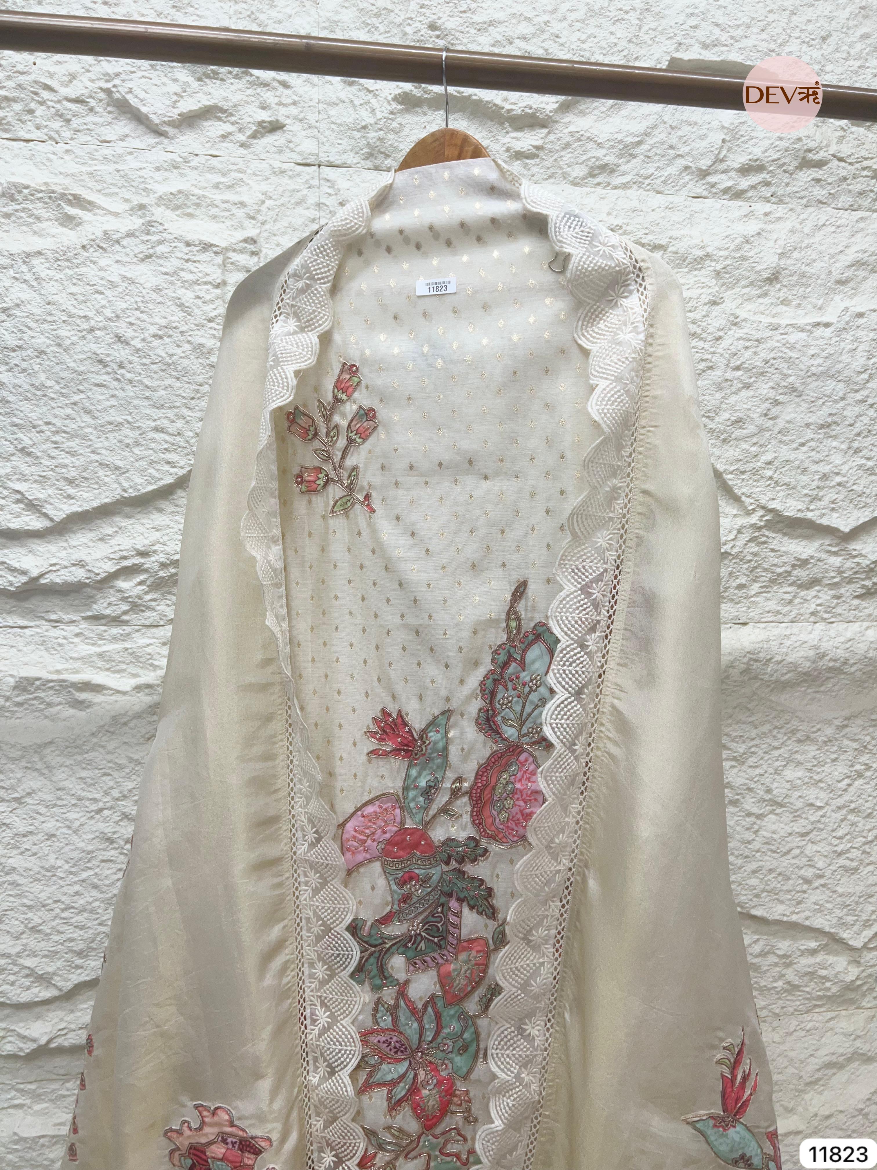 Off White Pure Shimmer Tissue Silk Unstitched Hand Embroidered -Set Of 3 - {11823}