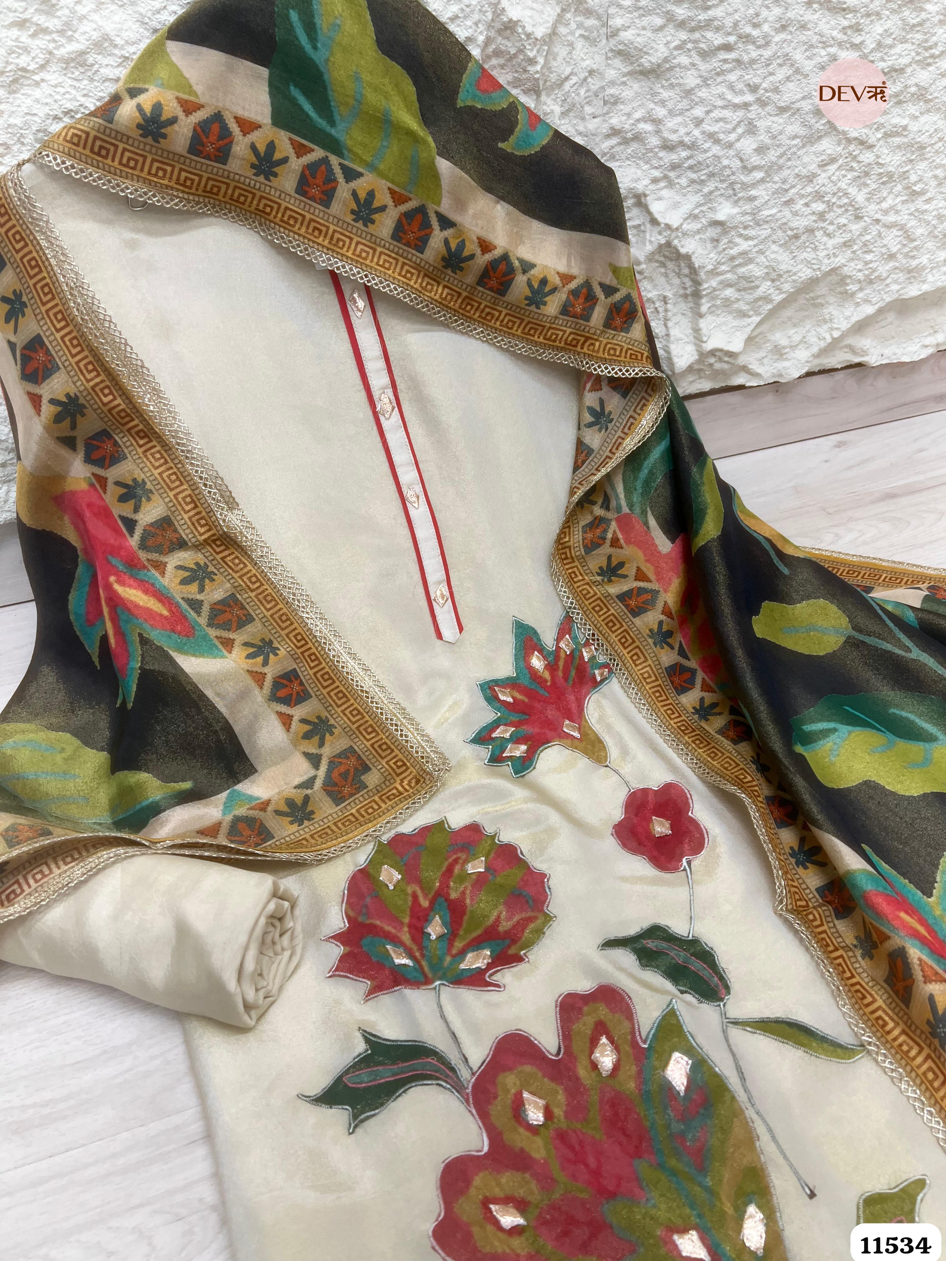 Off White Tissue Silk Unstitched Applique Work Hand Embroidered -Set Of 3 {11534}