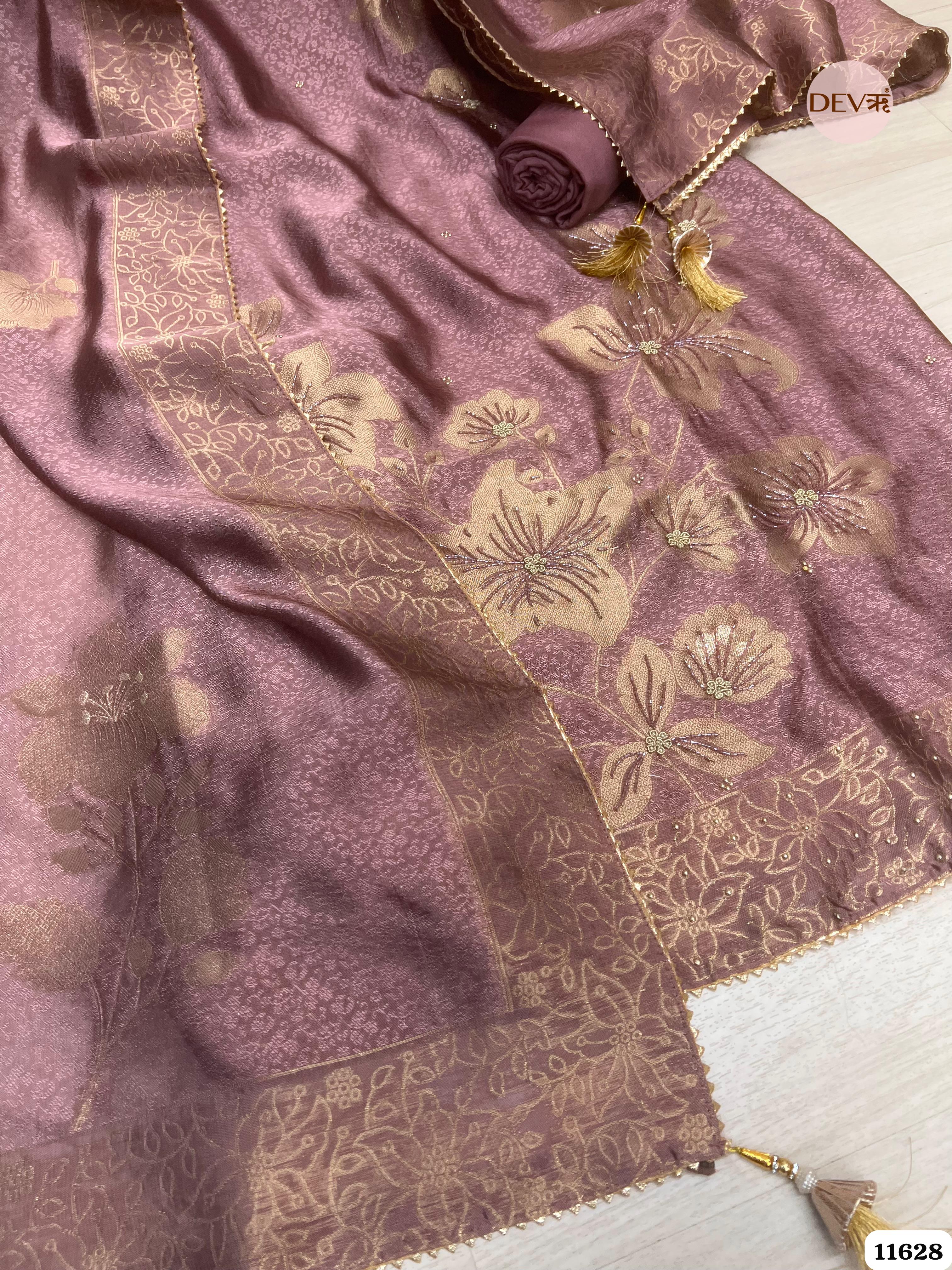 Purple Pure Dola Silk Banarasi Woven Unstitched Hand Embroidered -Set Of 3 {11628}