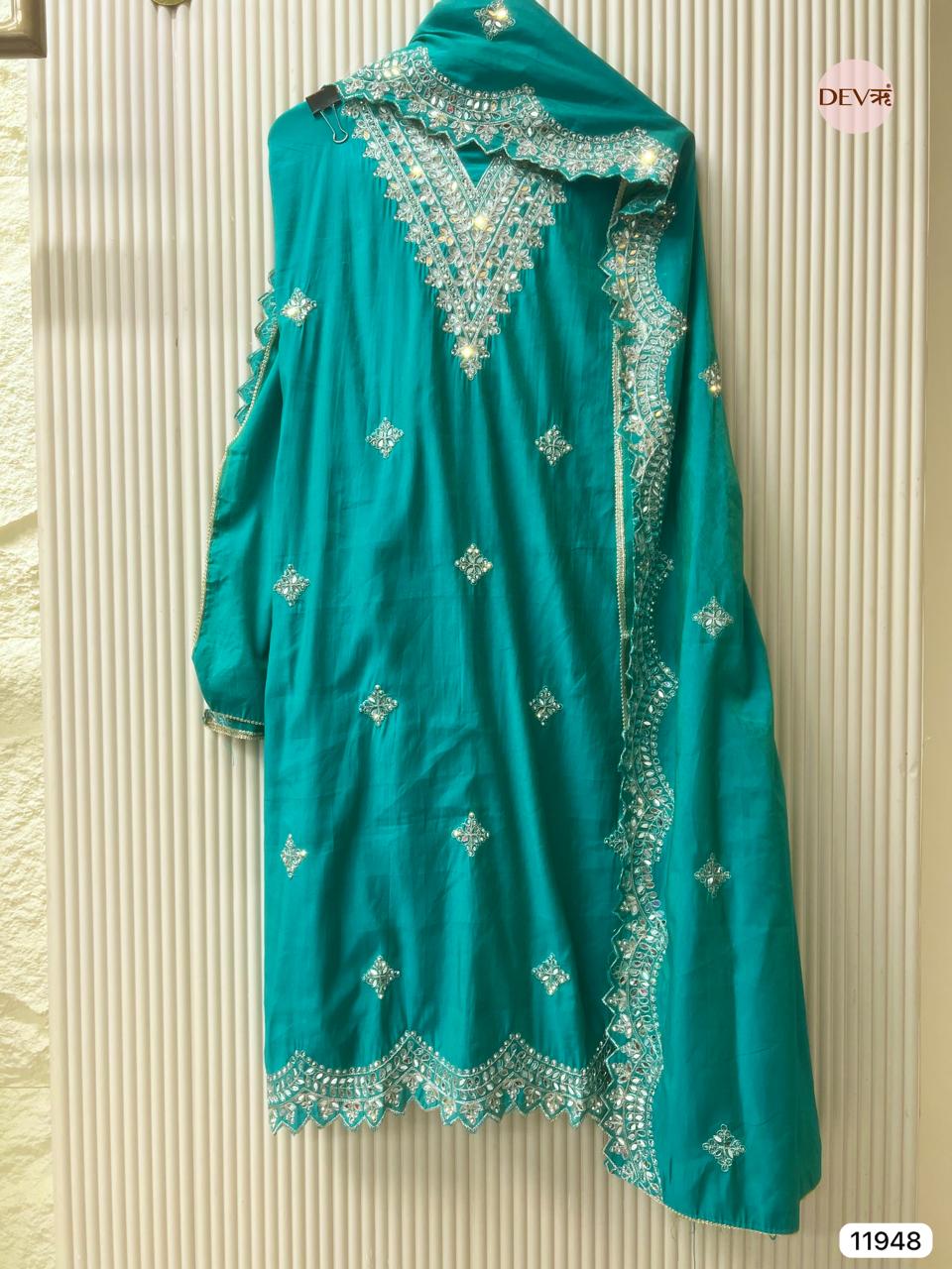 Greenish-Blue Modal Silk Unstitched Hand Embroidered -Set Of 3 - {11948}
