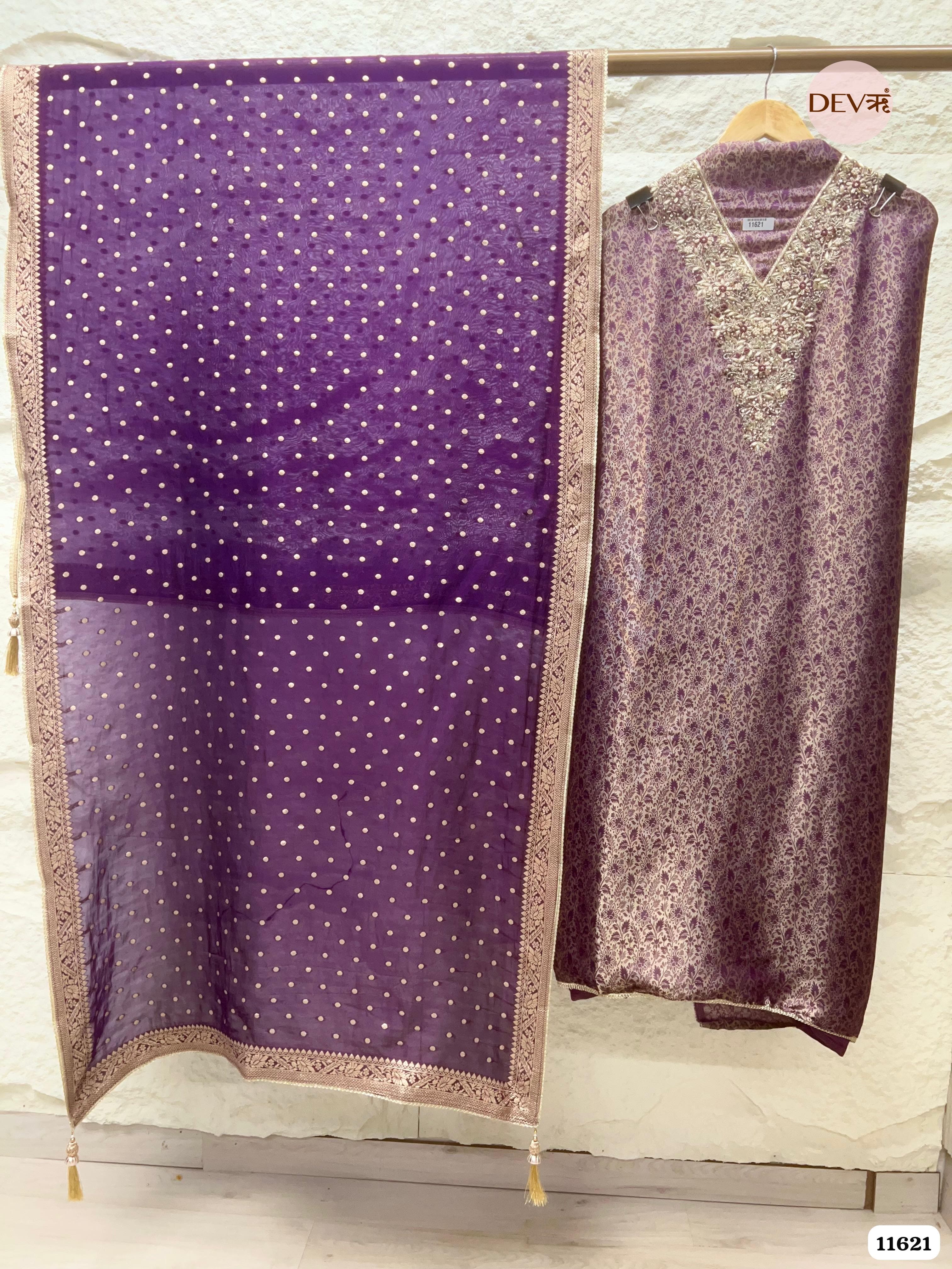 Purple Pure Tissue Banarasi Silk Unstitched Hand Embroidered -Set Of 3 {11621}