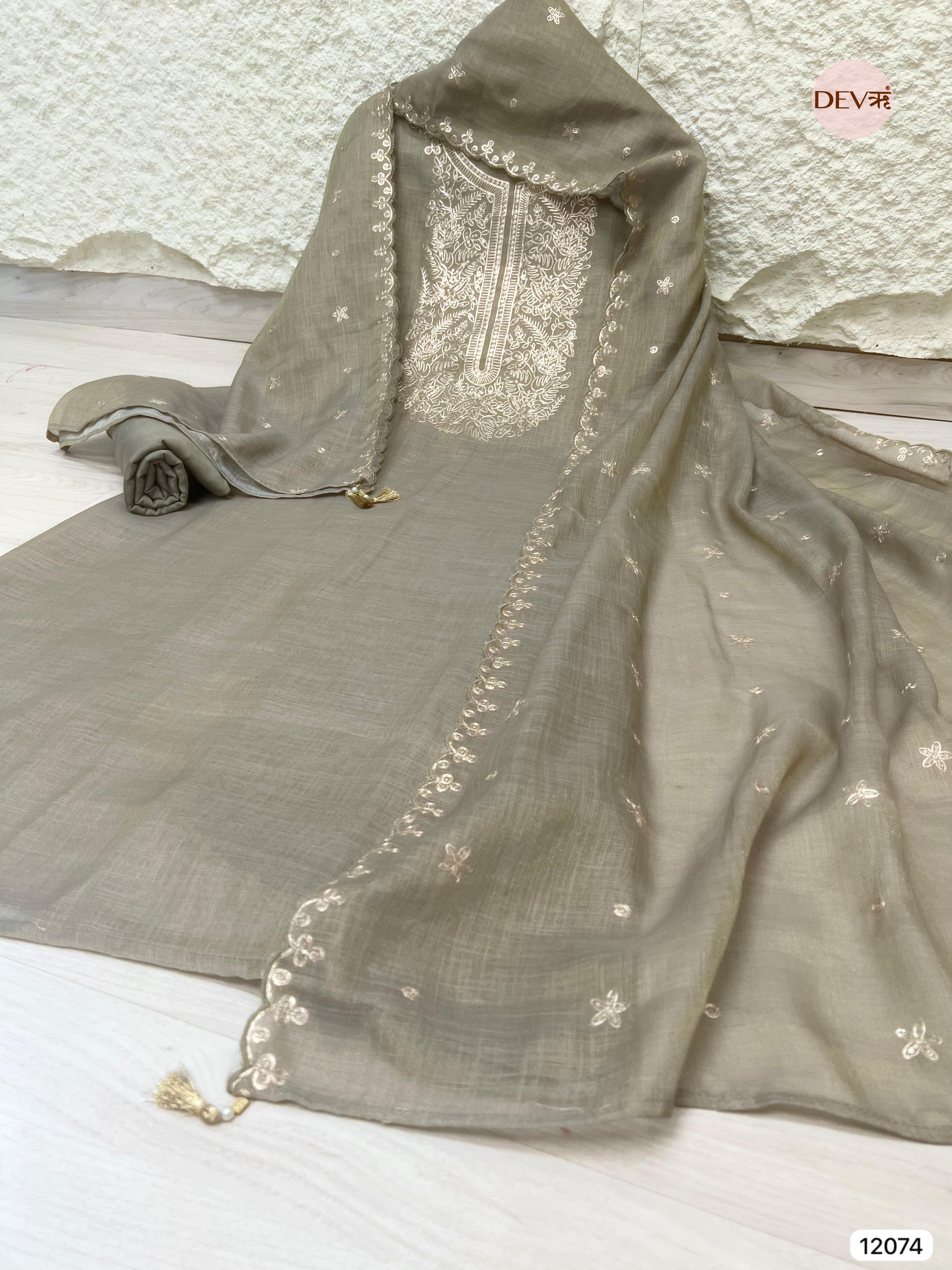 Beige Pure Linen Unstitched Zardosi Embroidered -Set Of 3 - {12074}
