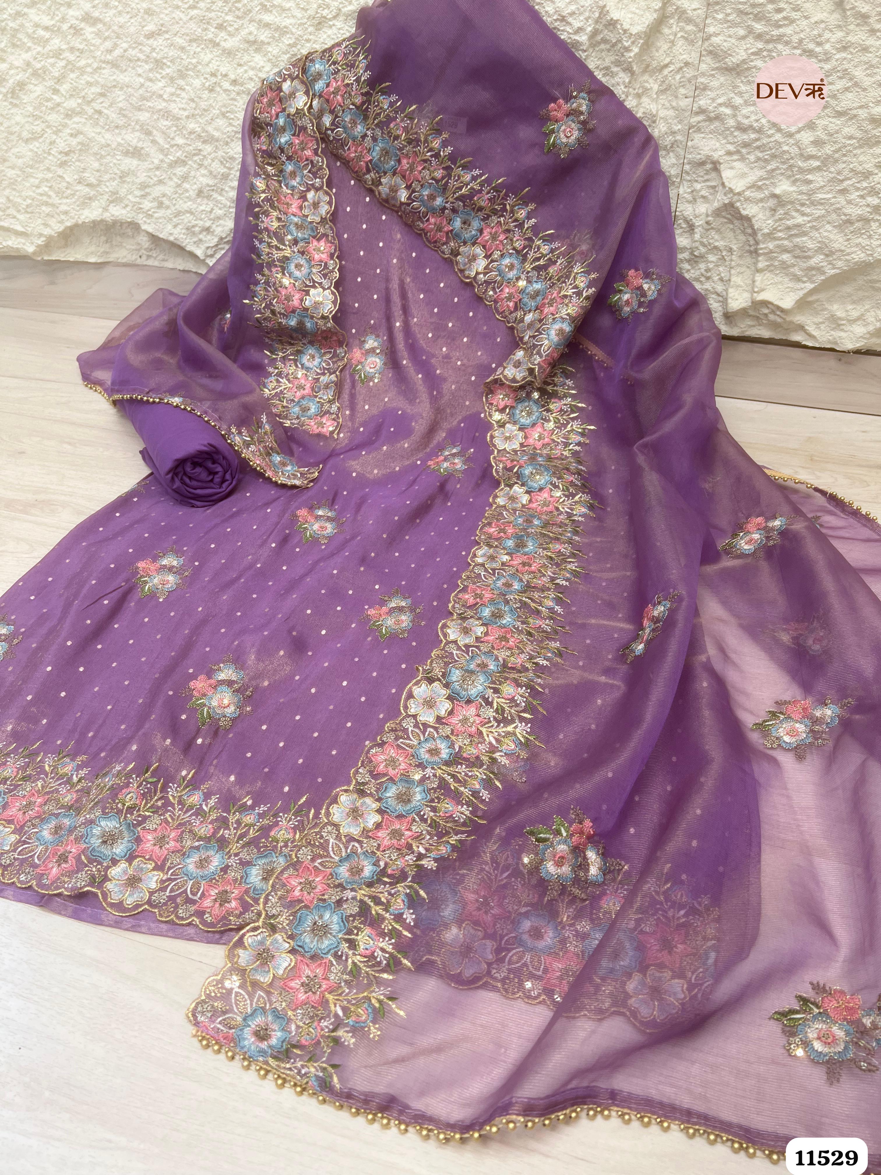 Purple Tissue Silk Unstitched Embroidered -Set Of 3 {11529}