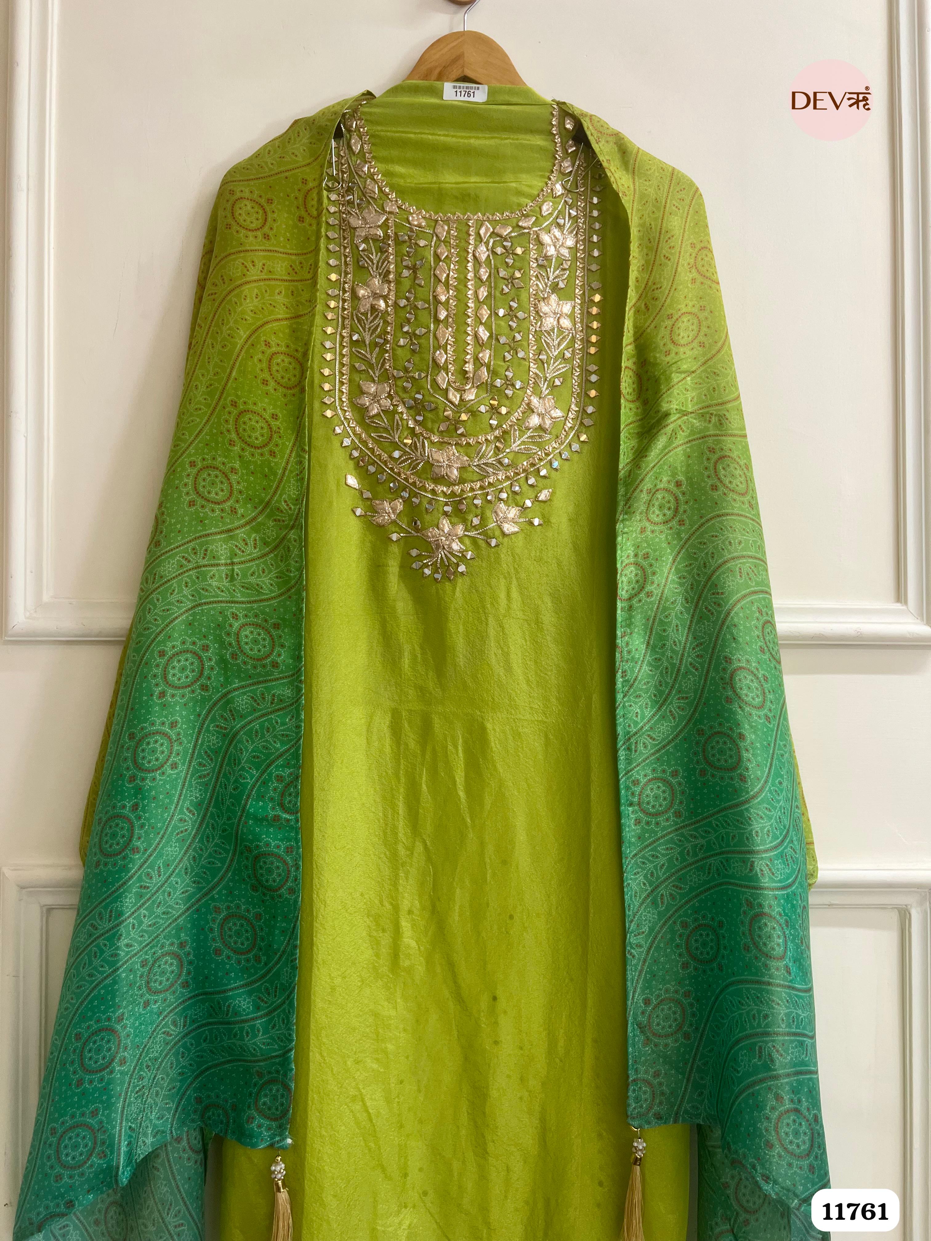 Green Tissue Silk Unstitched hand Embroidered -Set Of 3 {11761}