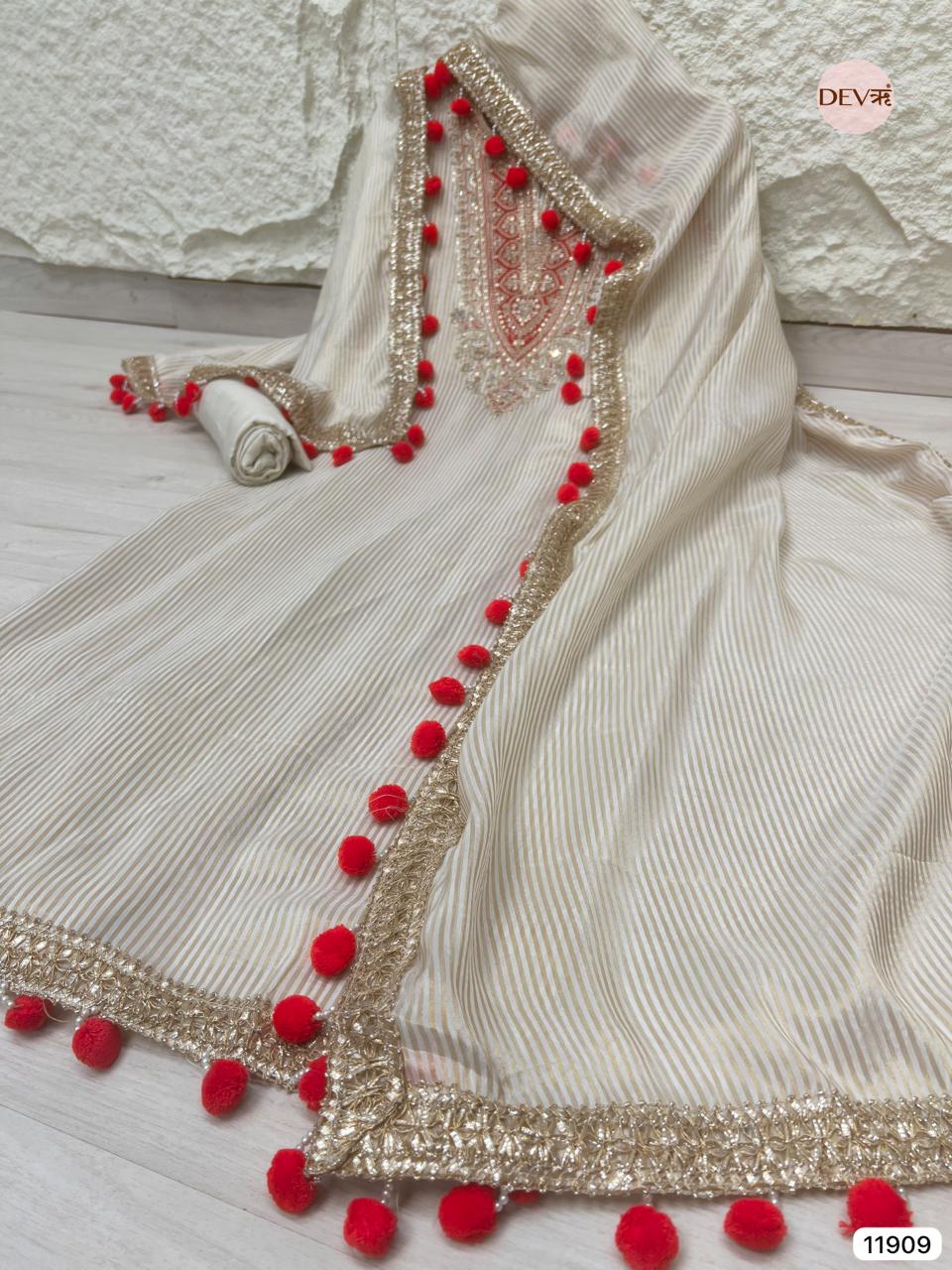 Cream Colour Tissue Shimmer Silk Unstitched Hand Embroidered -Set Of 3 - {11909}