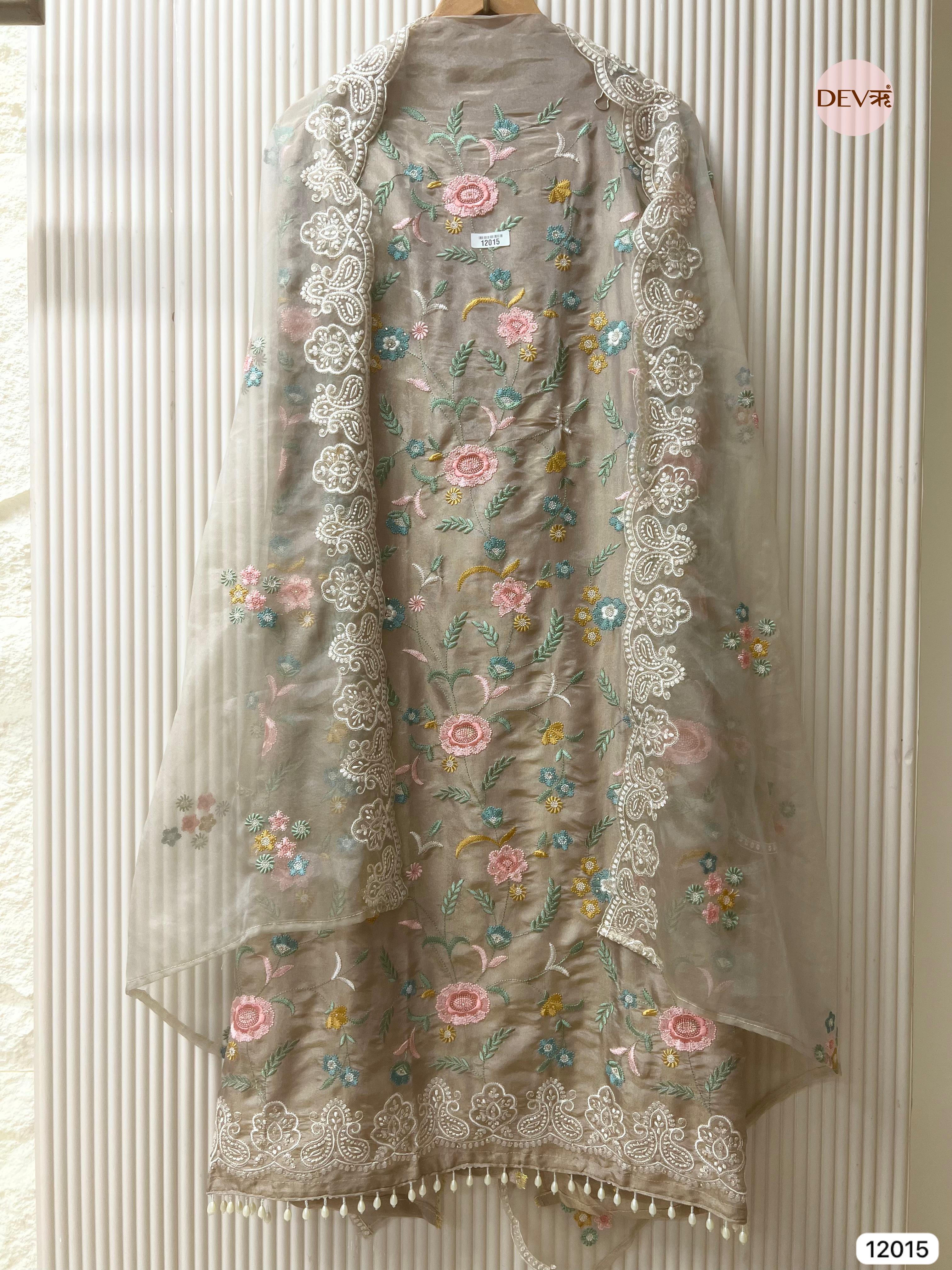 Grey Shimmer Tissue Silk Unstitched Embroidered -Set Of 3 - {12015}