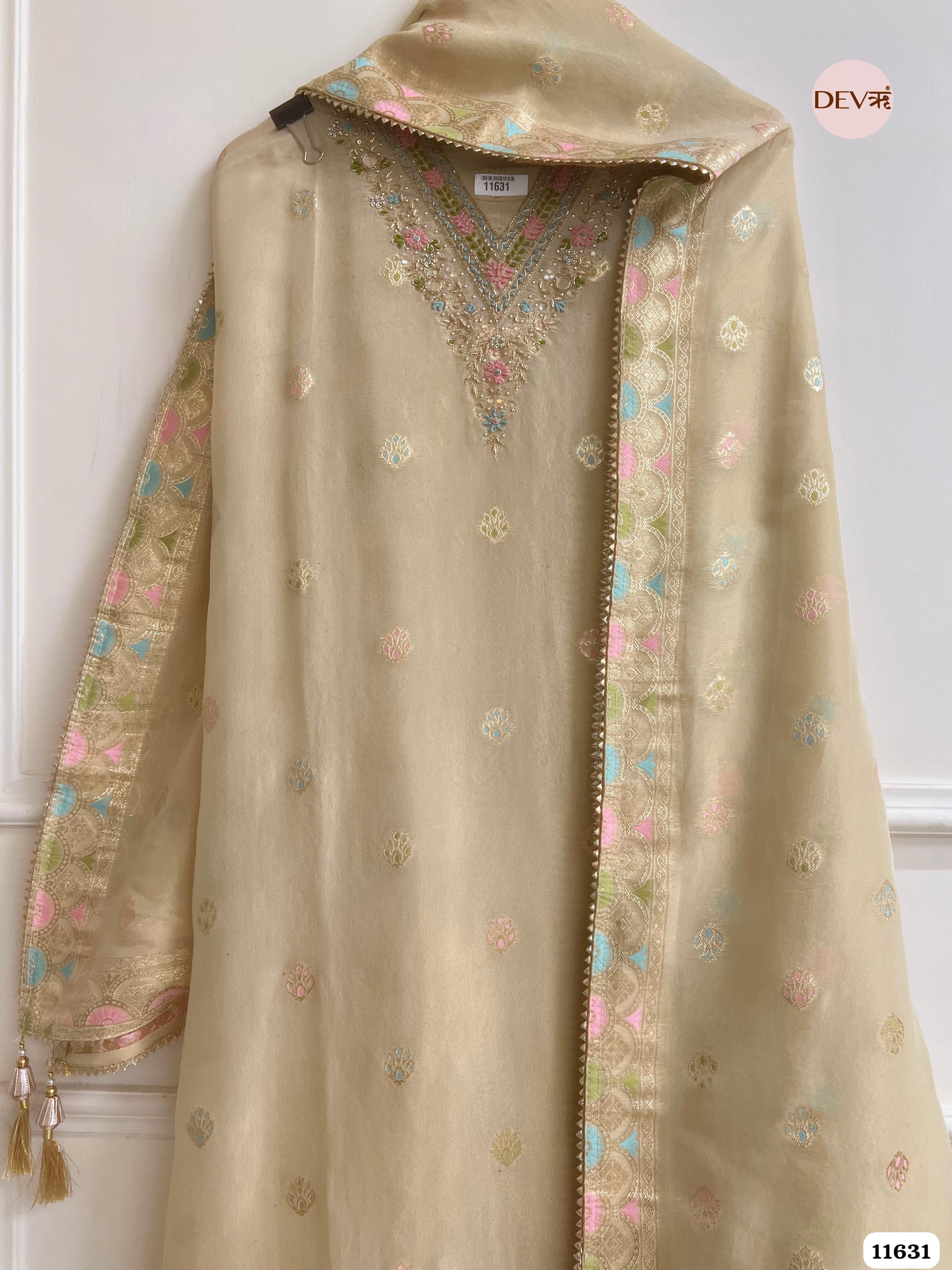 Beige Pure Organza Silk Unstitched Hand Embroidered Banarasi Weave -Set Of 3 {11631}