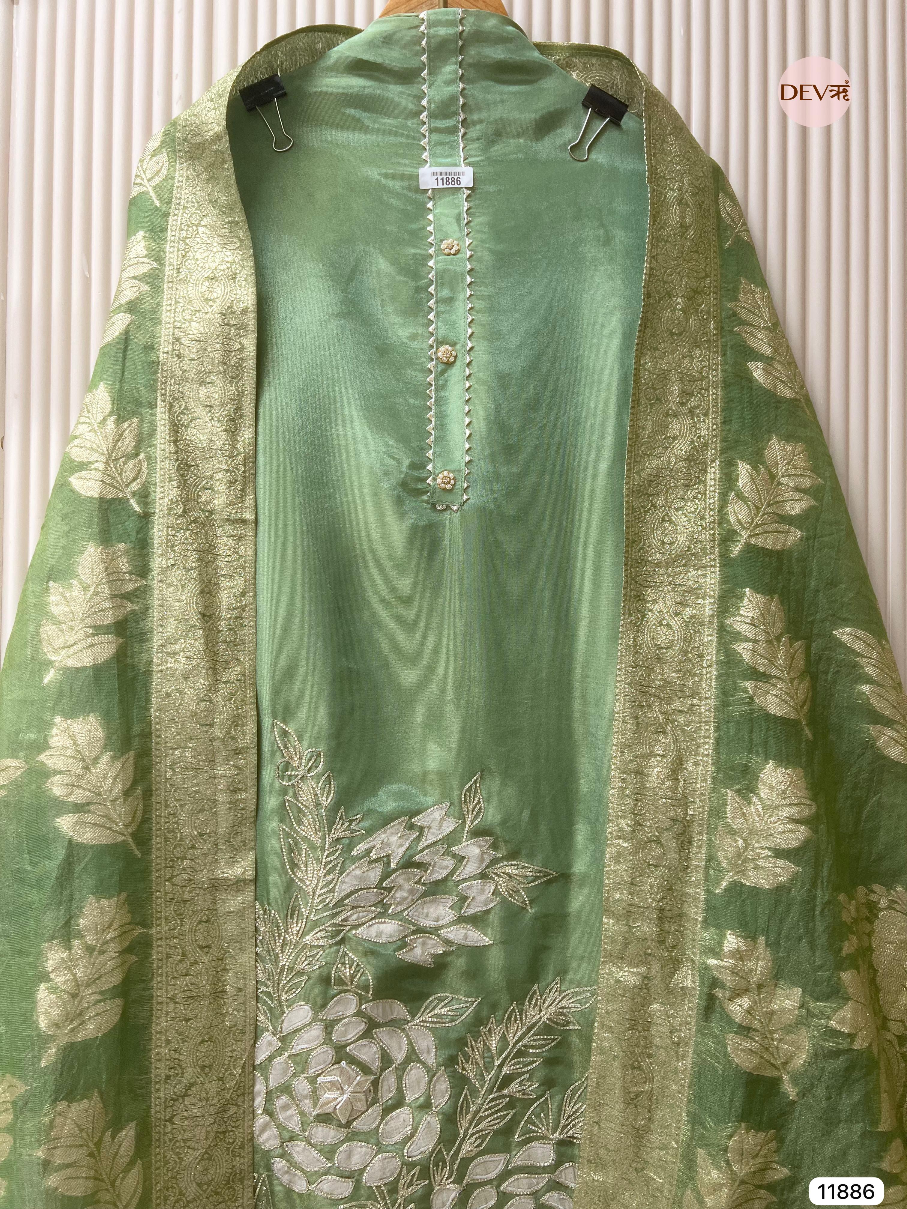 Green Tissue Shimmer Silk Unstitched Hand Embroidered -Set Of 3 - {11886}