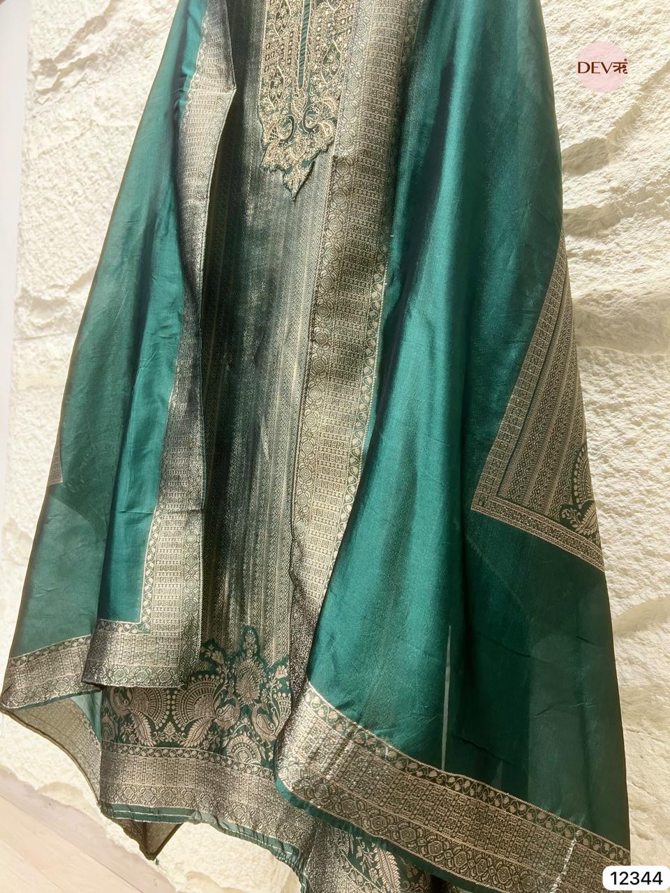 Teal Green Pure Banarasi Silk Woven Unstitched 3-Piece Suit (Devri – D.No 12344)