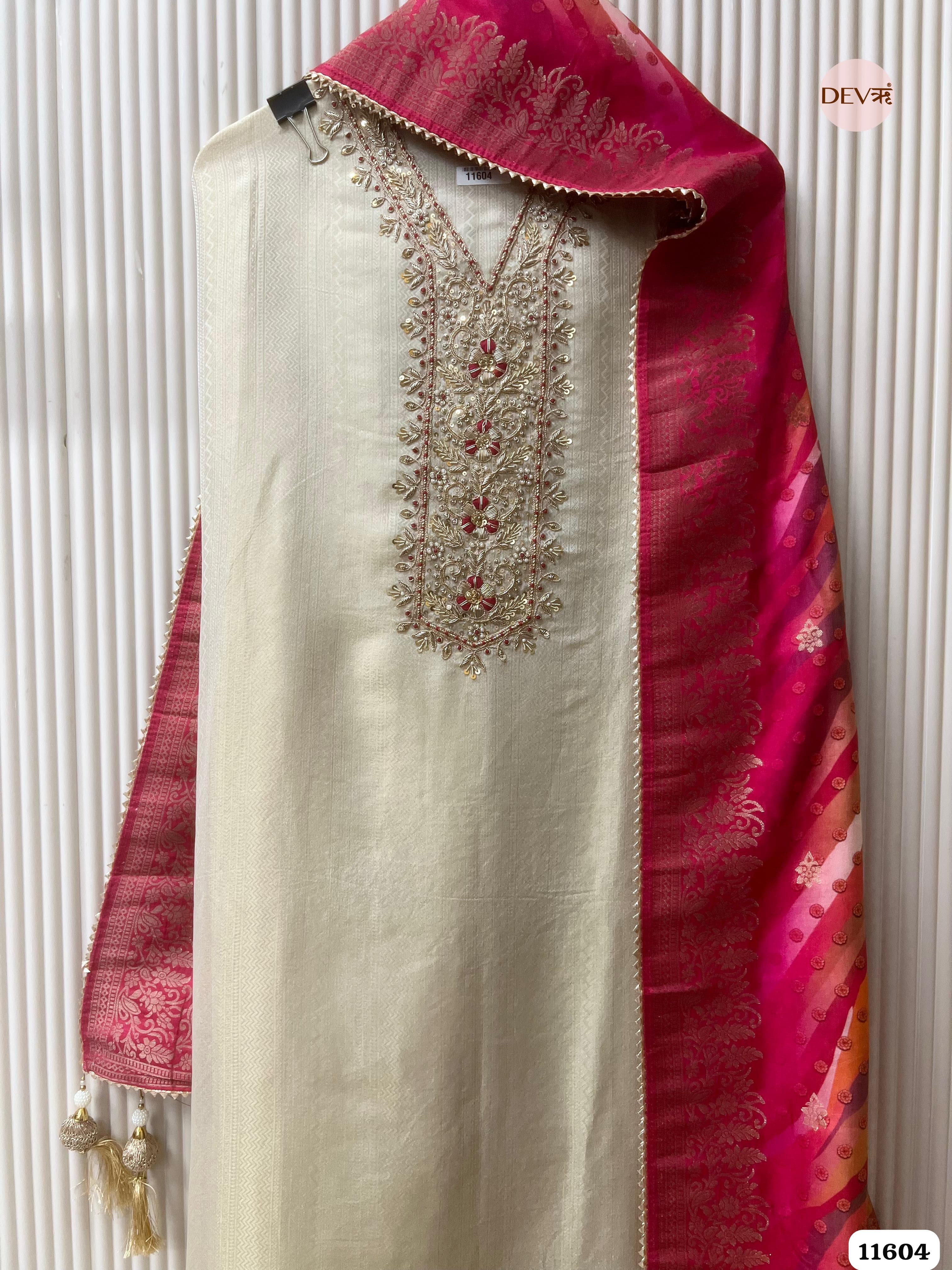 Cream Colour Pure Tissue Silk Unstitched Hand Embroidered -Set Of 3 {11604}