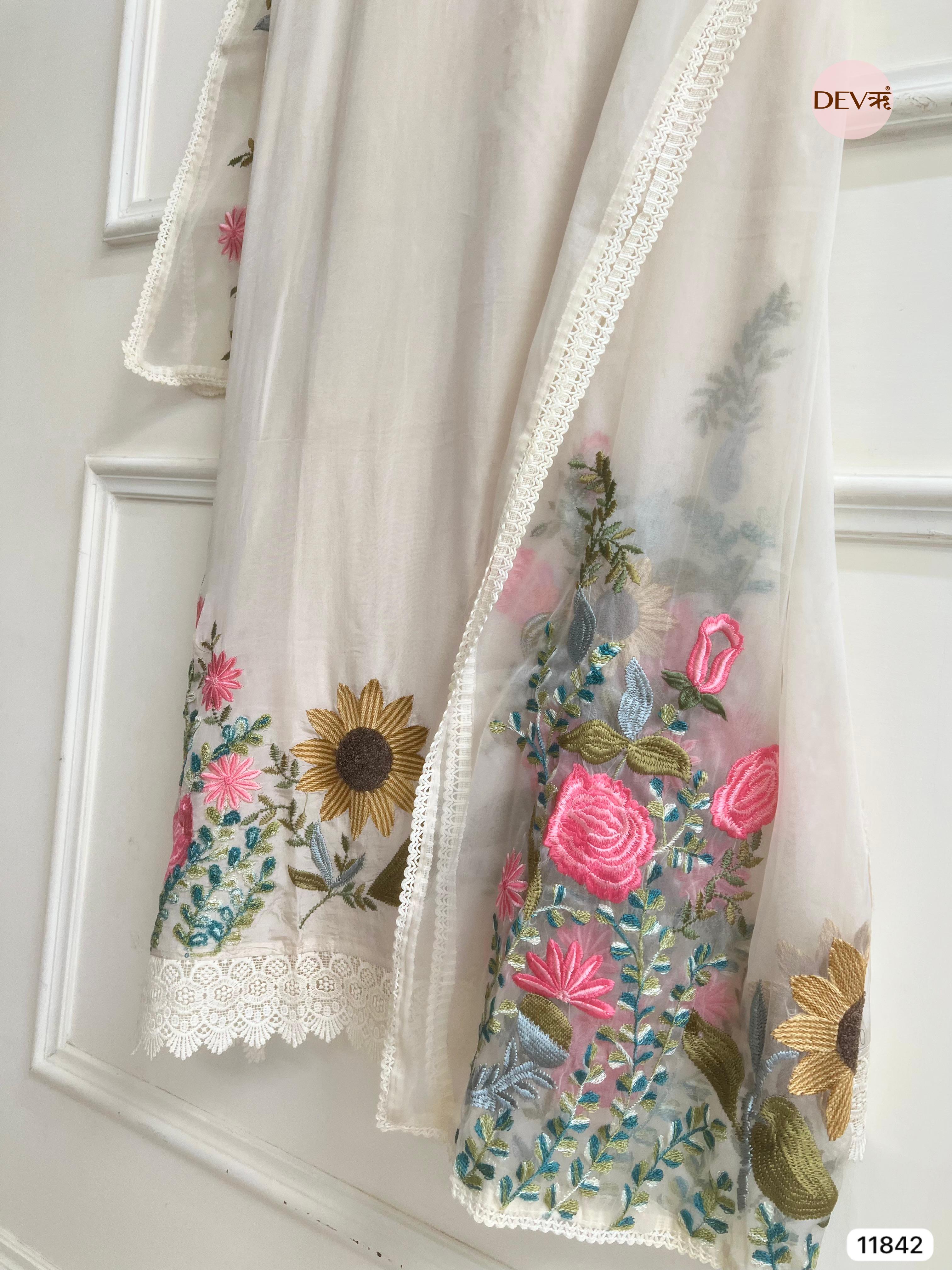 White Organza Silk Unstitched Embroidered -Set Of 3 - {11842}