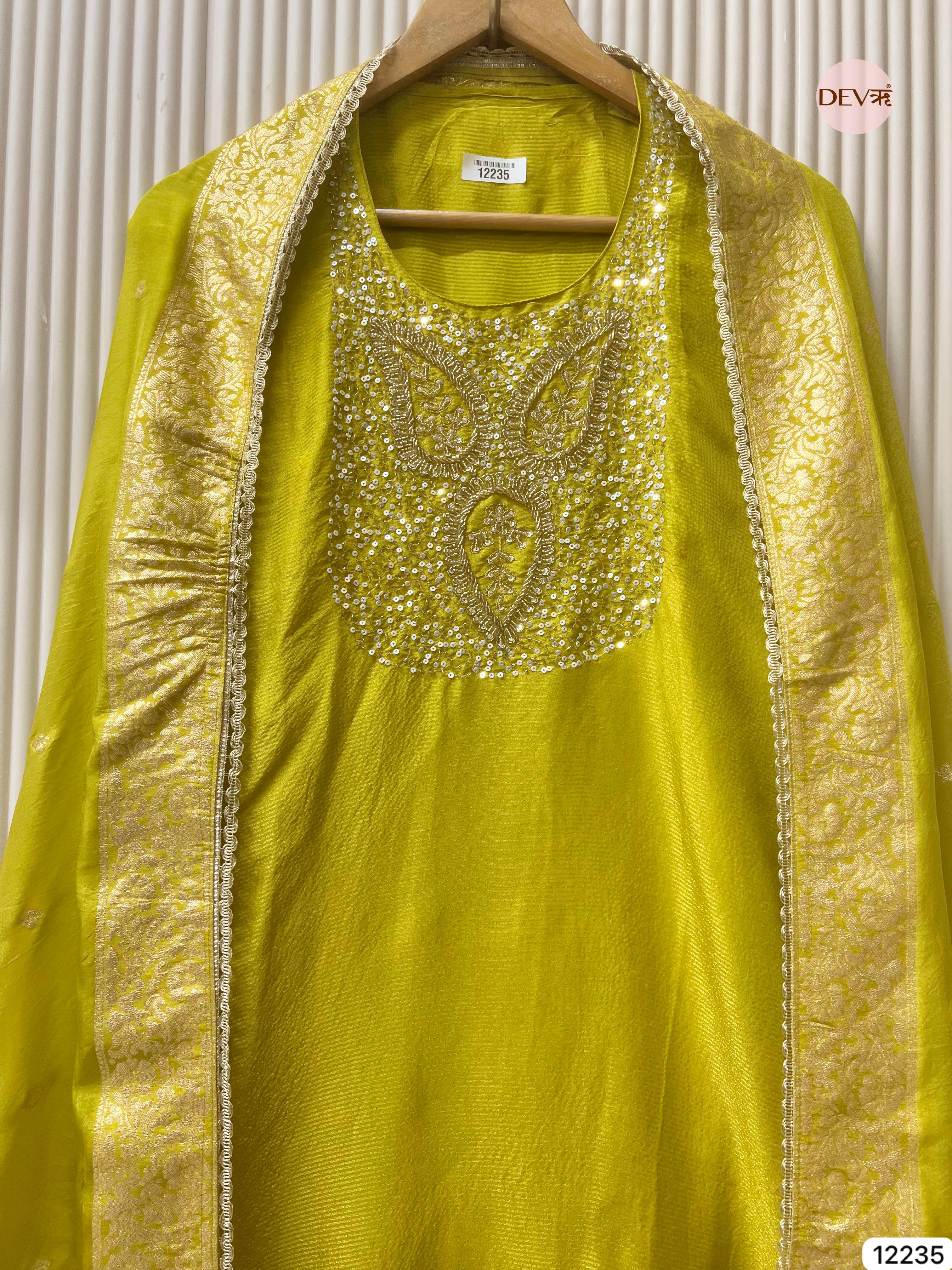 Lime Tissue Shimmer Silk Embroidered Unstitched 3-Piece Suit (Devri – D.No 12235)