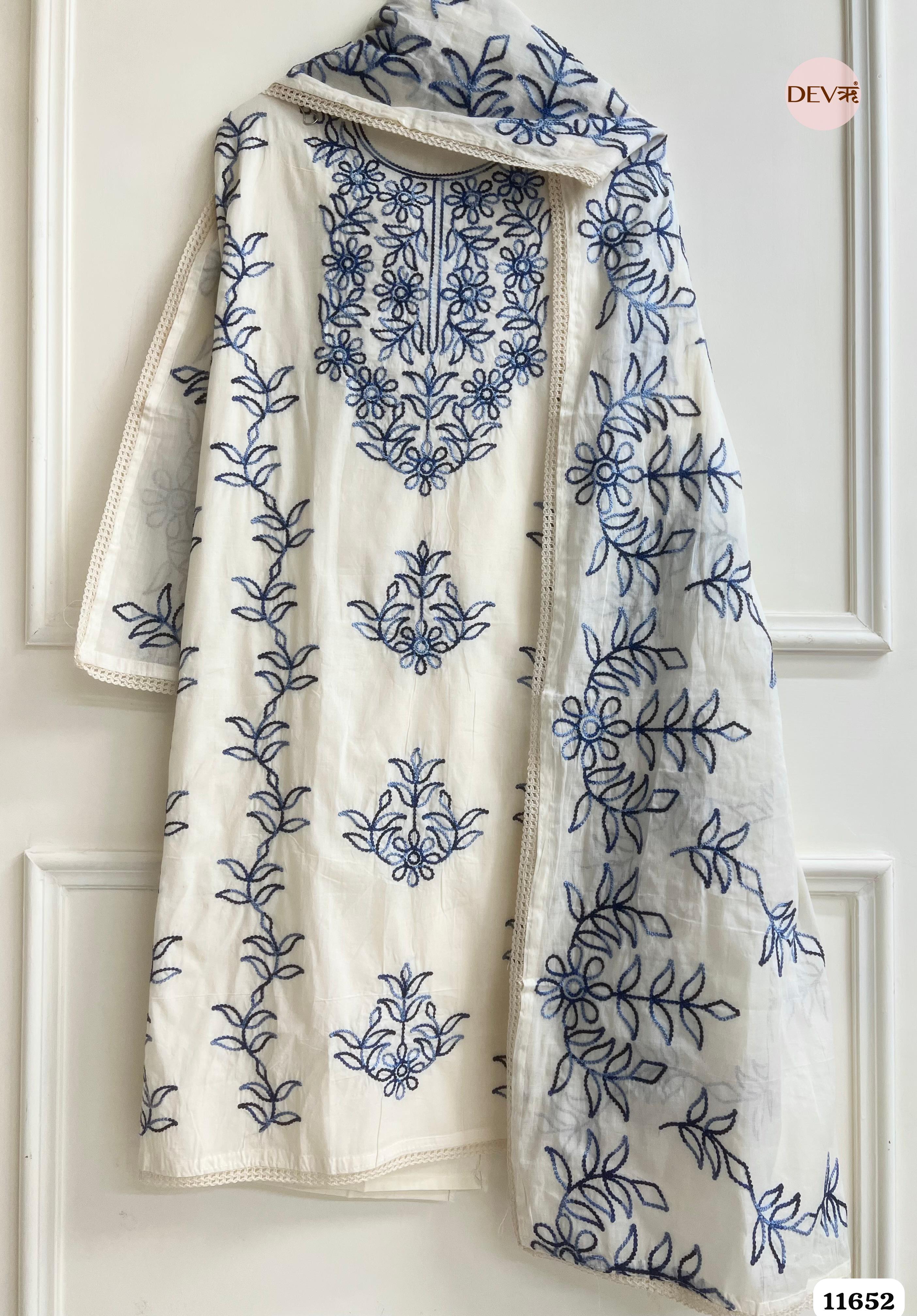White Cotton Cora Unstitched Embroidered -Set Of 3