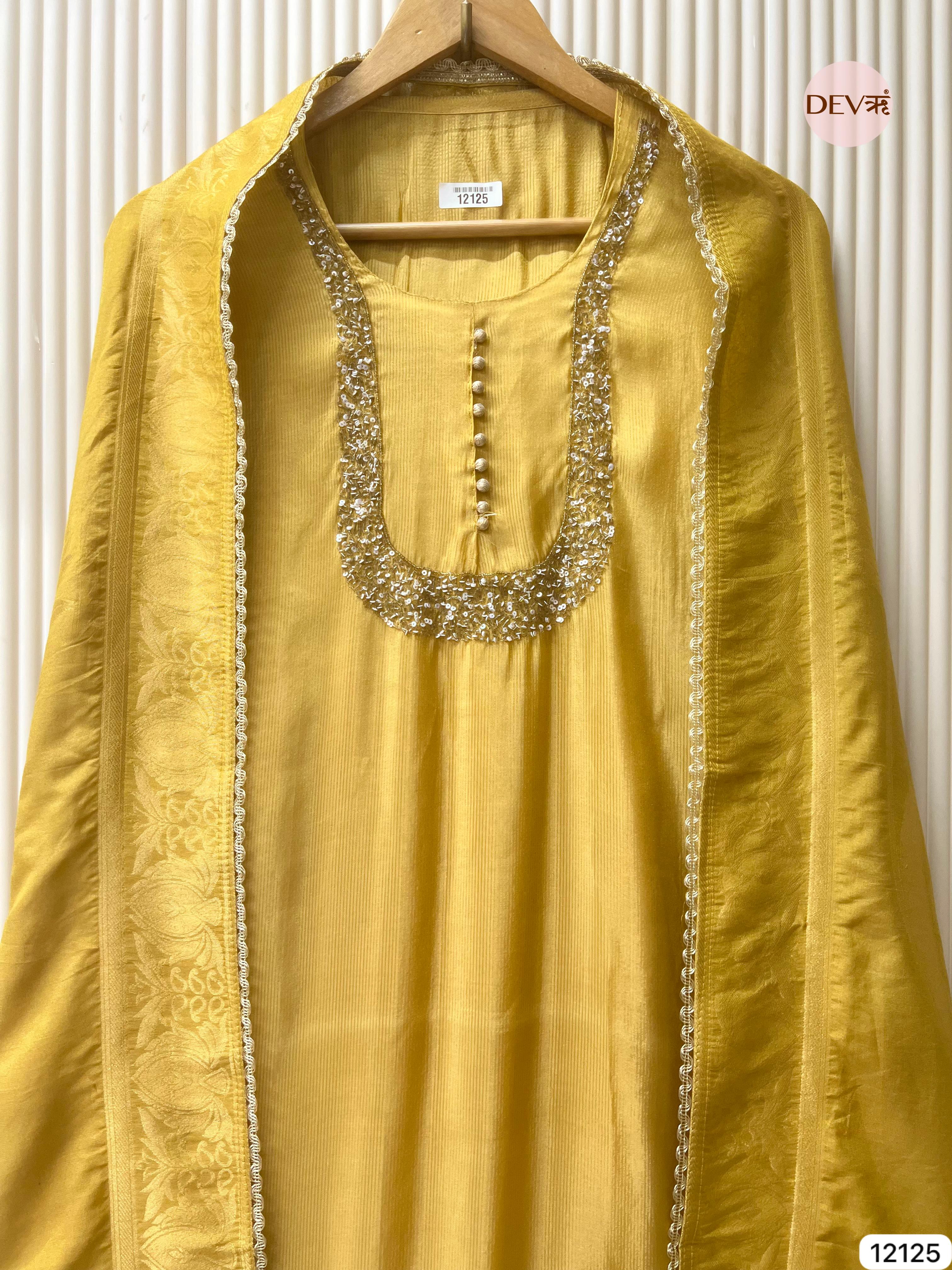 Yellow Shimmer Silk Unstitched Hand Embroidered -Set Of 3 - {12125}