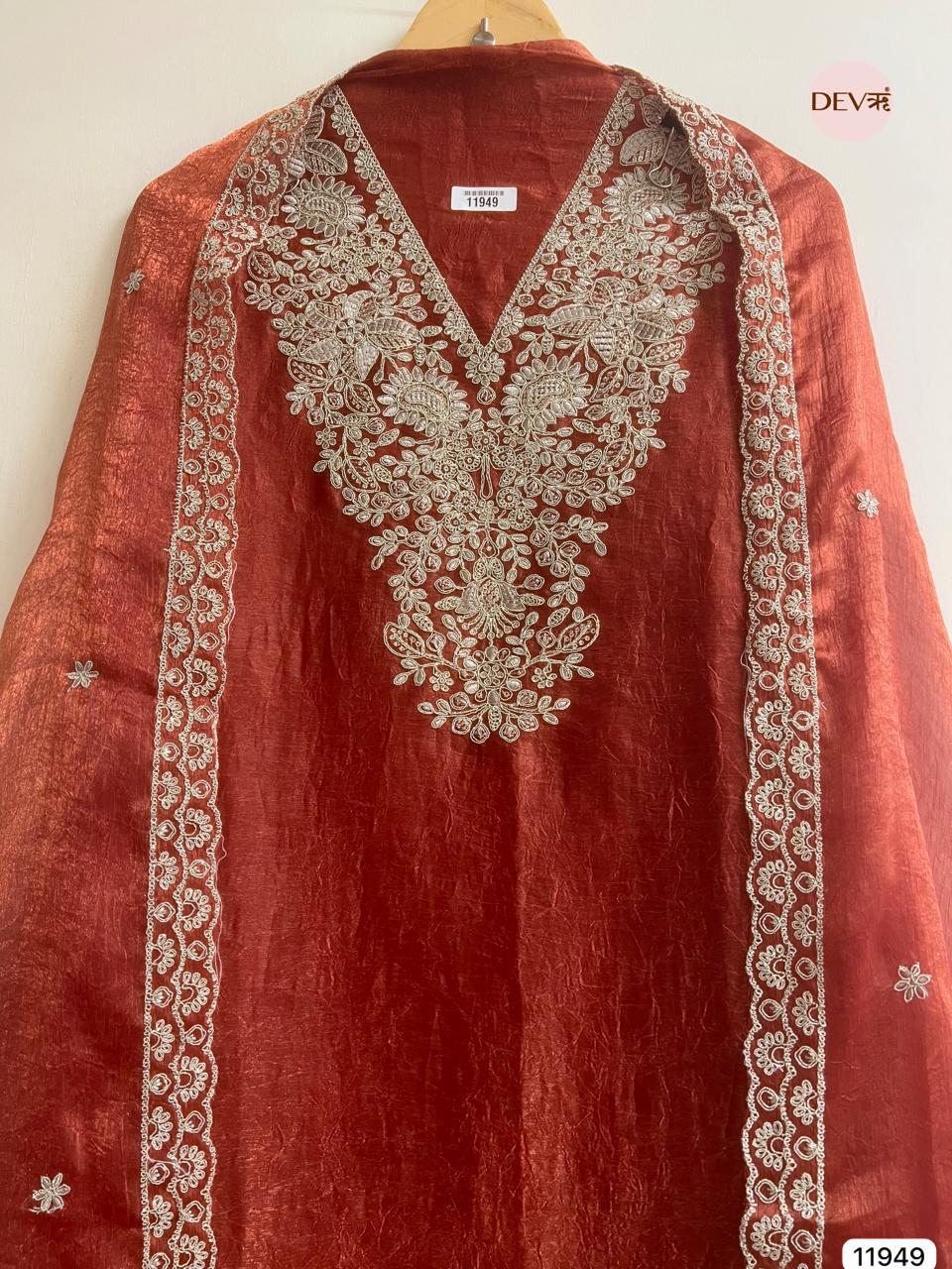 Rust Crush Tissue Embroidered Unstitched 3-Piece Suit (Devri – D.No 11949)