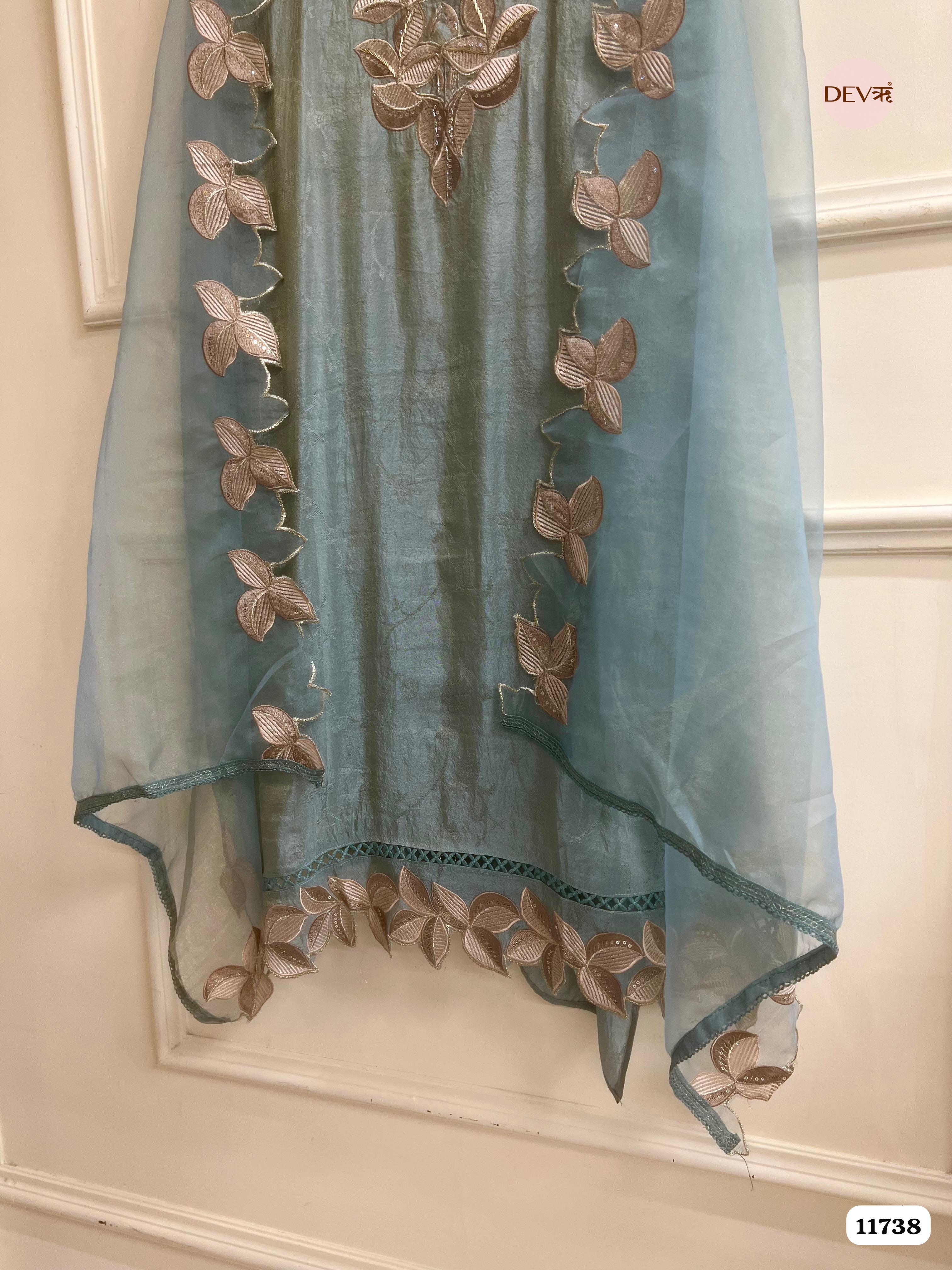Seea Green Tissue Silk Woven Unstitched Embroidered -Set Of 3 {11738}