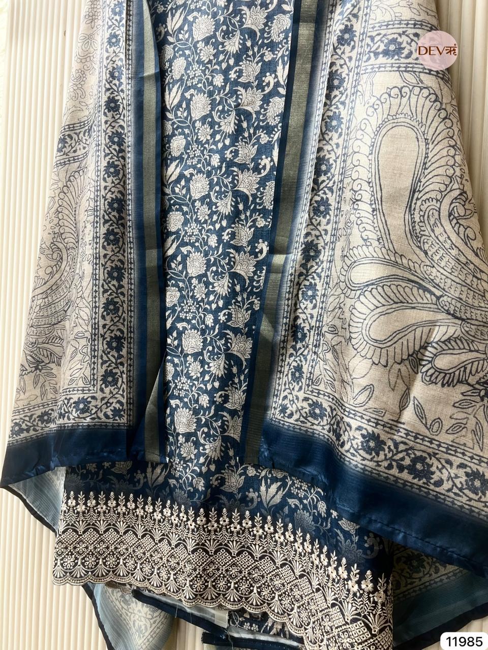 Blue Pure Tusser Silk Printed Unstitched 3-Piece Suit (Devri – D.No 11985)