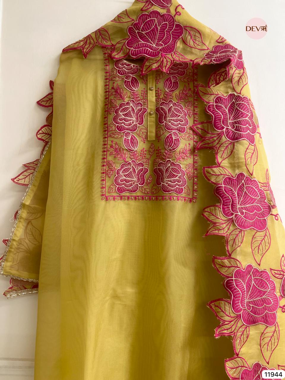 Yellow Pure Tissue Shimmer Unstitched Embroidered -Set Of 3 - {11944}