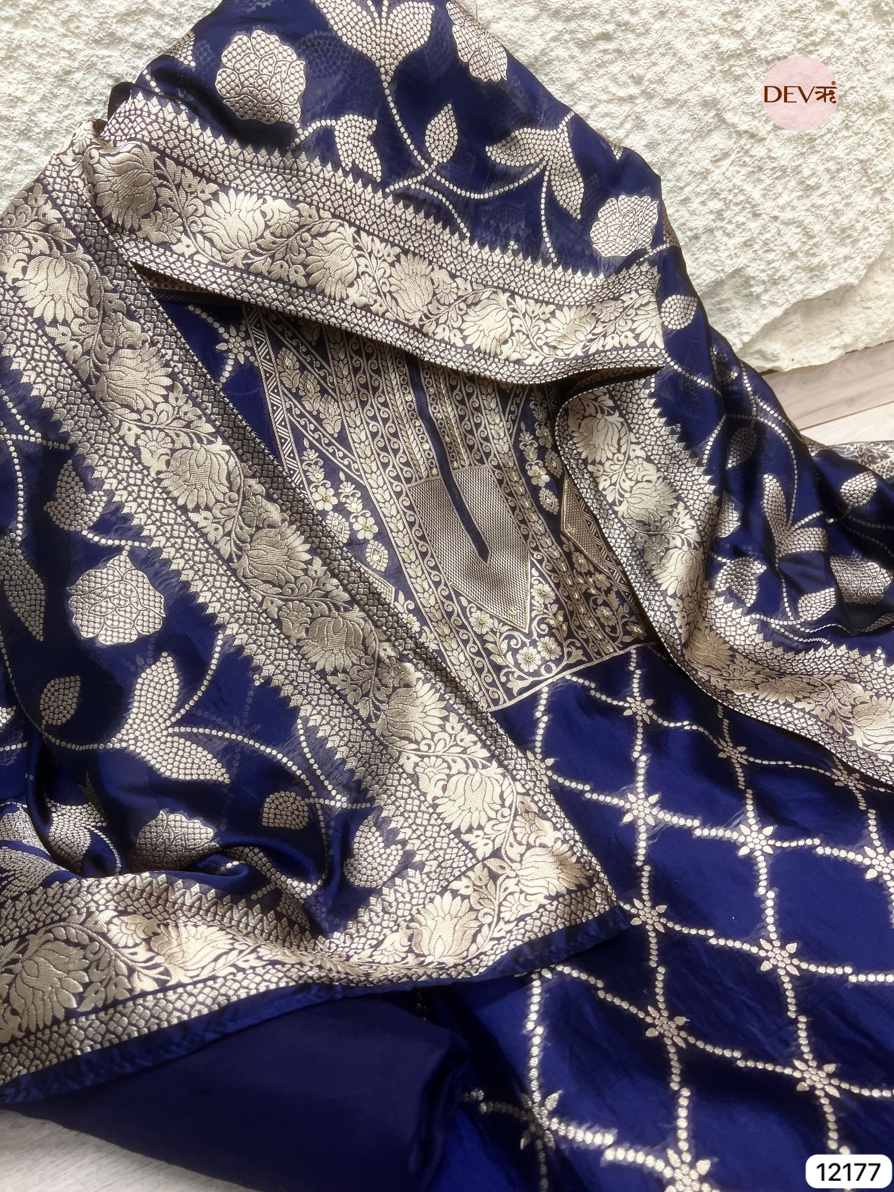 Blue Pure Banarasi Silk Unstitched Hand embroidered- Set of 3 - {12177}