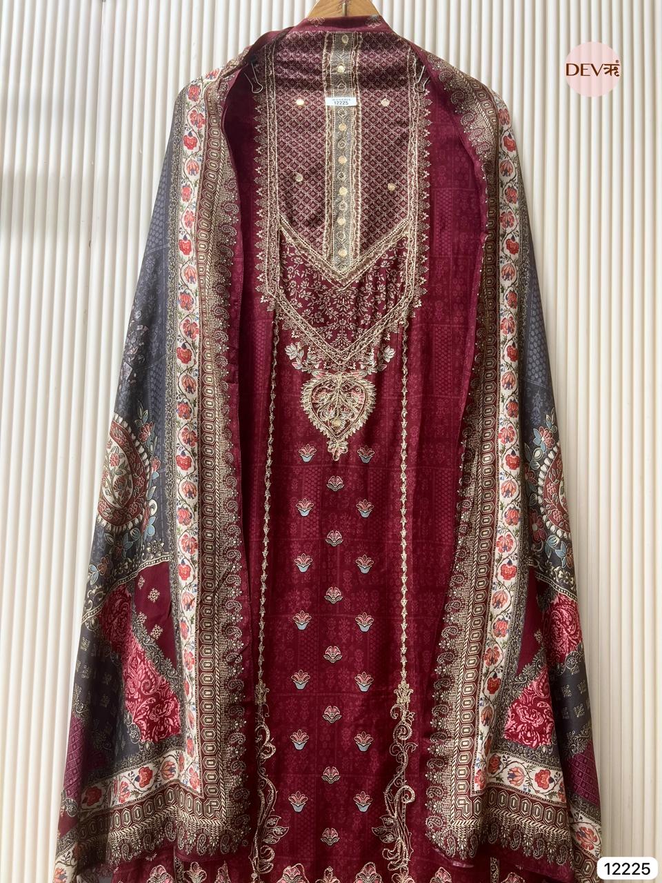 Maroon Pure Muslin Printed Unstitched 3-Piece Suit (Devri – D.No 12225)